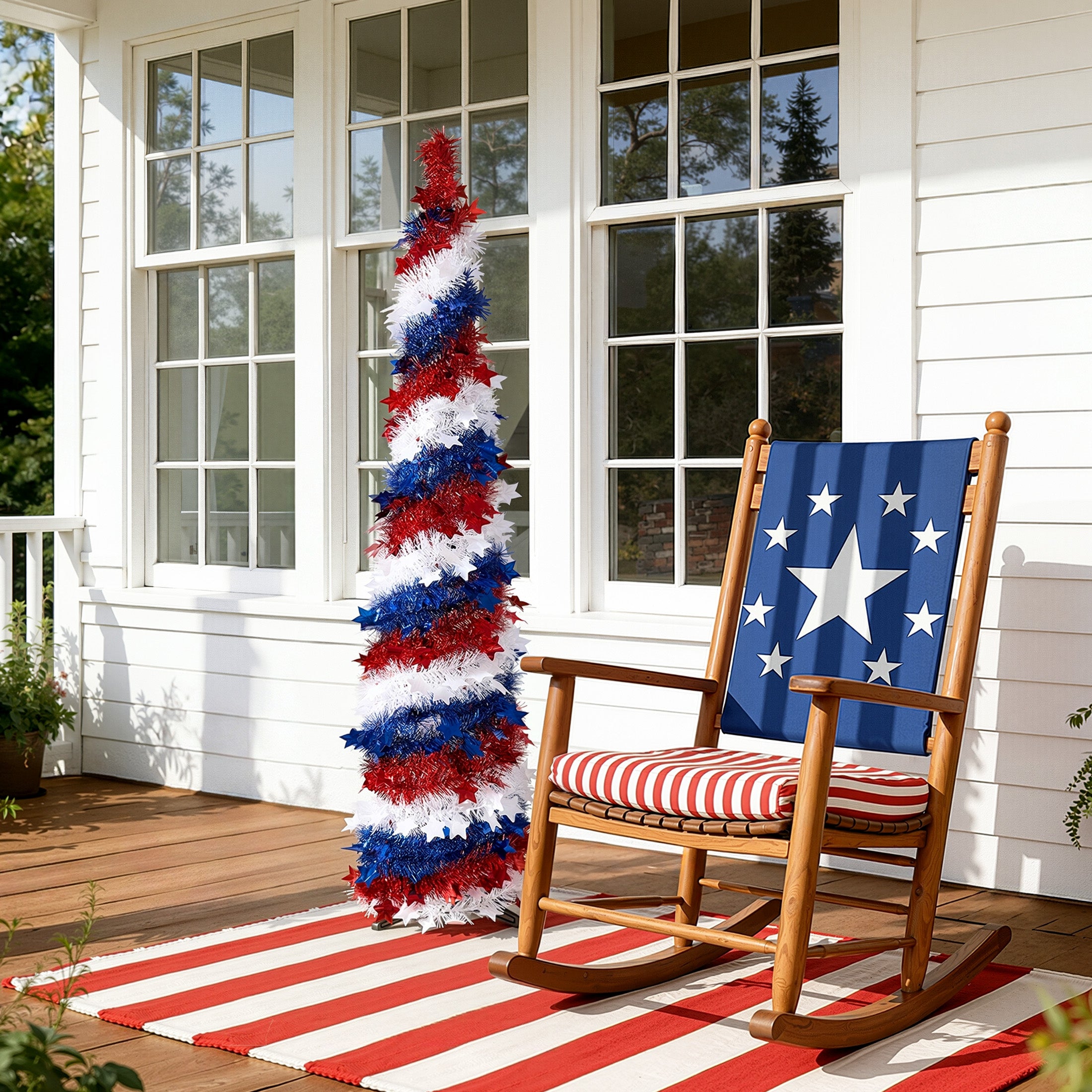 VeriNatural 5 ft 4th of July Decorations Pop Up Tinsel Pencil Tree - USA 250th Anniversary Patriotic Decor, Red White Blue Decorations with Stars for Independence Day, Memorial Day & Veterans Day