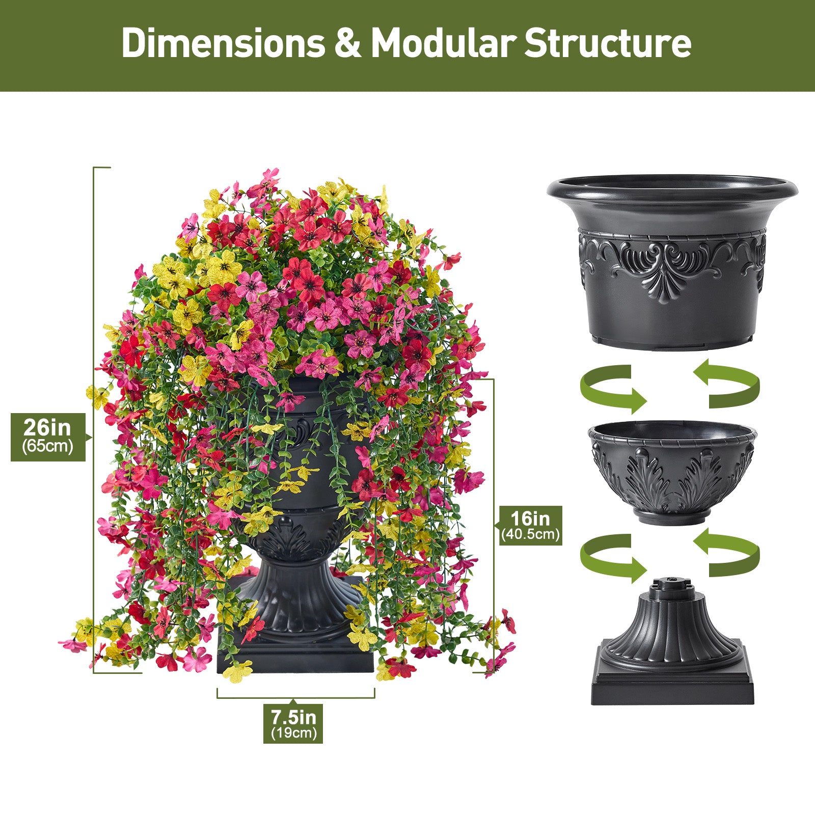 VeriNatural Artificial Lobelia in Charming Urn Planter Set, 26 Inch (0.65m) Tall Lifelike Faux Flowers, Pre-Potted with Tray, Indoor & Patio Decor, Available in 1 Pack & 2 Pack