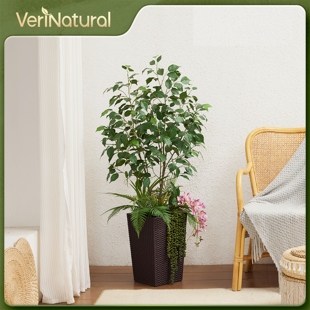 VeriNatural 4FT Mixed Fern and Ficus Artificial Plants with Black Taper Planter for Indoor & Outdoor（VN147）