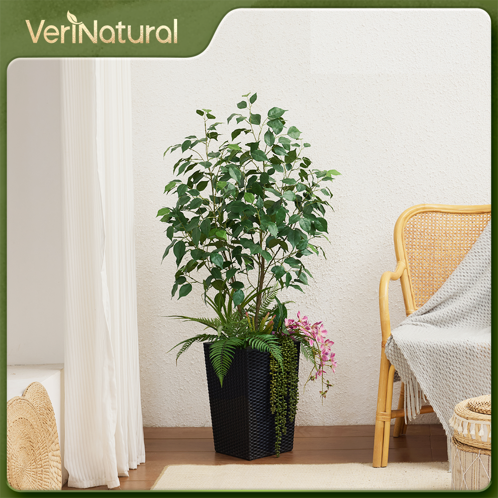 VeriNatural 4FT Mixed Fern and Ficus Artificial Plants with Black Taper Planter for Indoor & Outdoor（VN147）