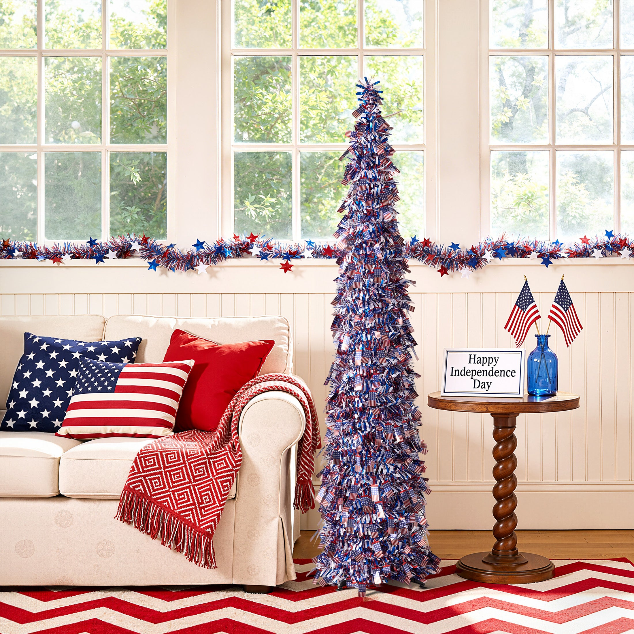 VeriNatural 4th of July Decor, Patriotic Pop up Pencil Tree,4.9 Ft Tinsel Tree,Sequin Star Ornaments Garland Collapsible Tree for Independence Day Memorial Home Decor
