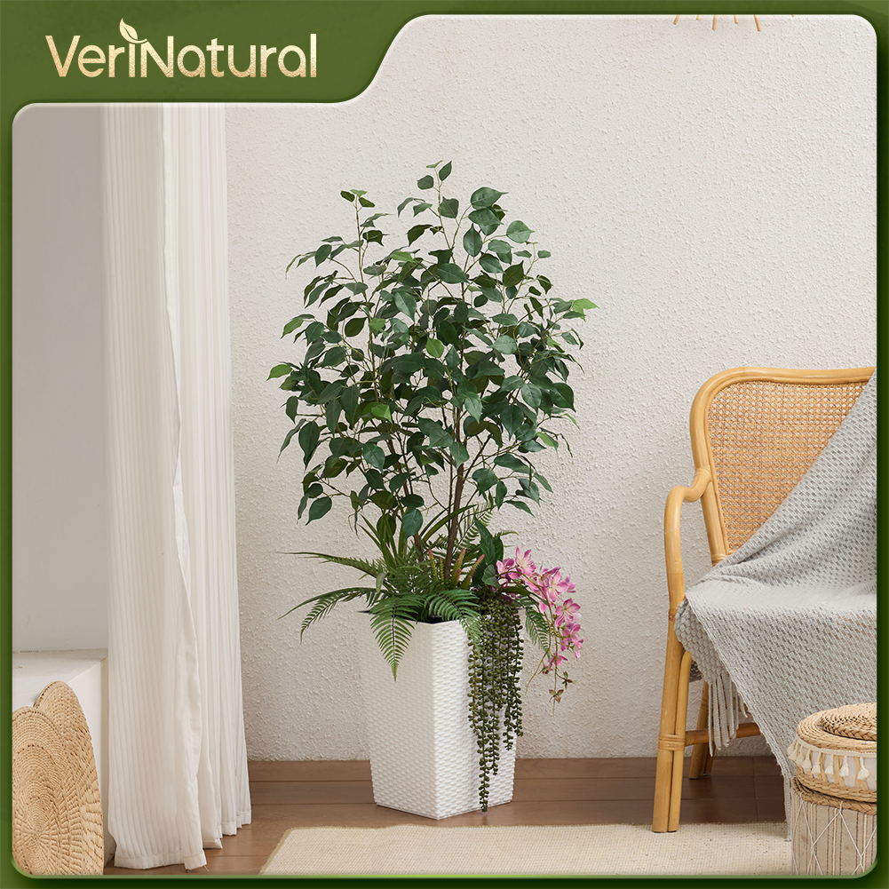 VeriNatural 4FT Mixed Fern and Ficus Artificial Plants with Black Taper Planter for Indoor & Outdoor（VN147）