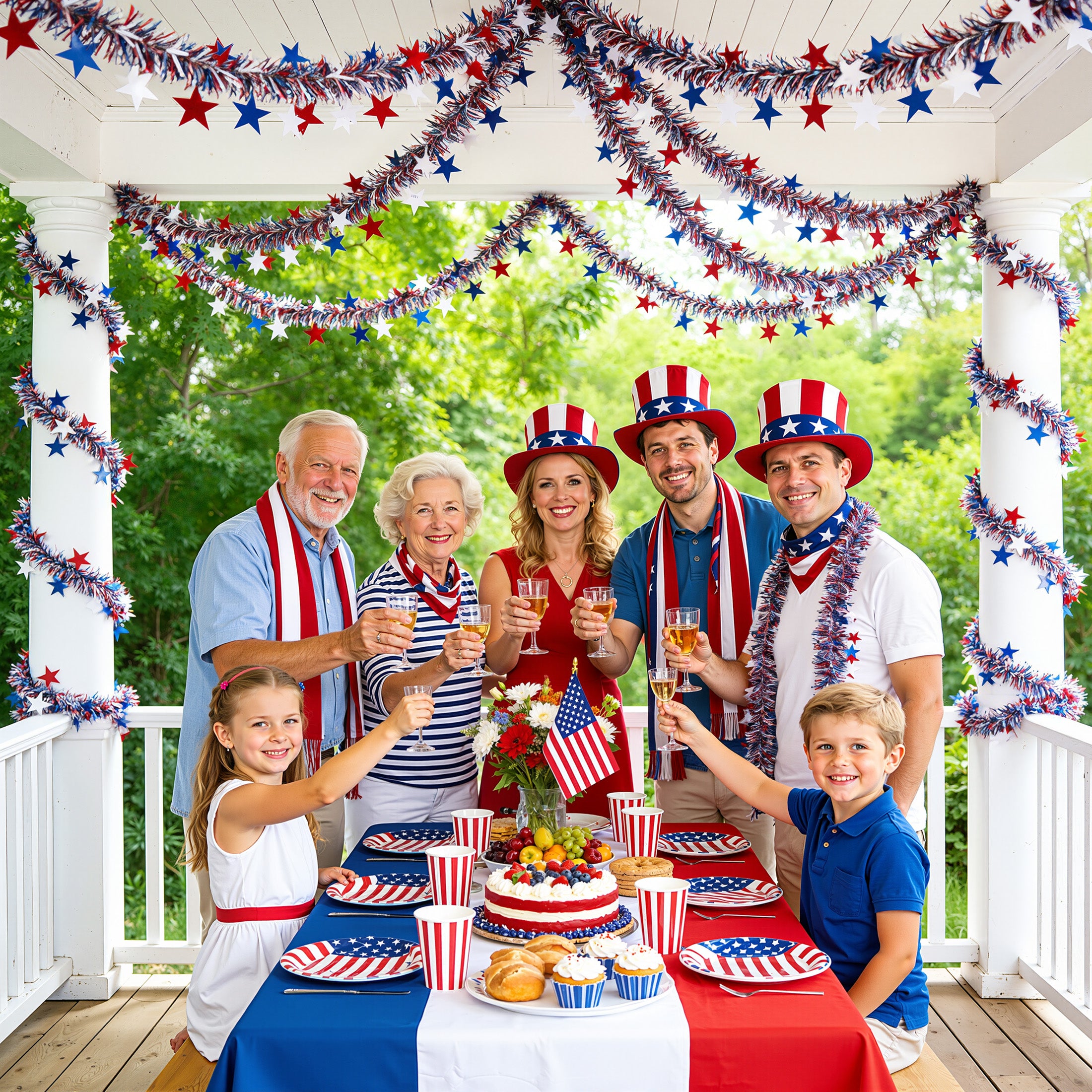 VeriNatural Garland – 2×9FT Red, White & Blue Glitter Tinsel with Stars – Party Decor for Indoor & Outdoor