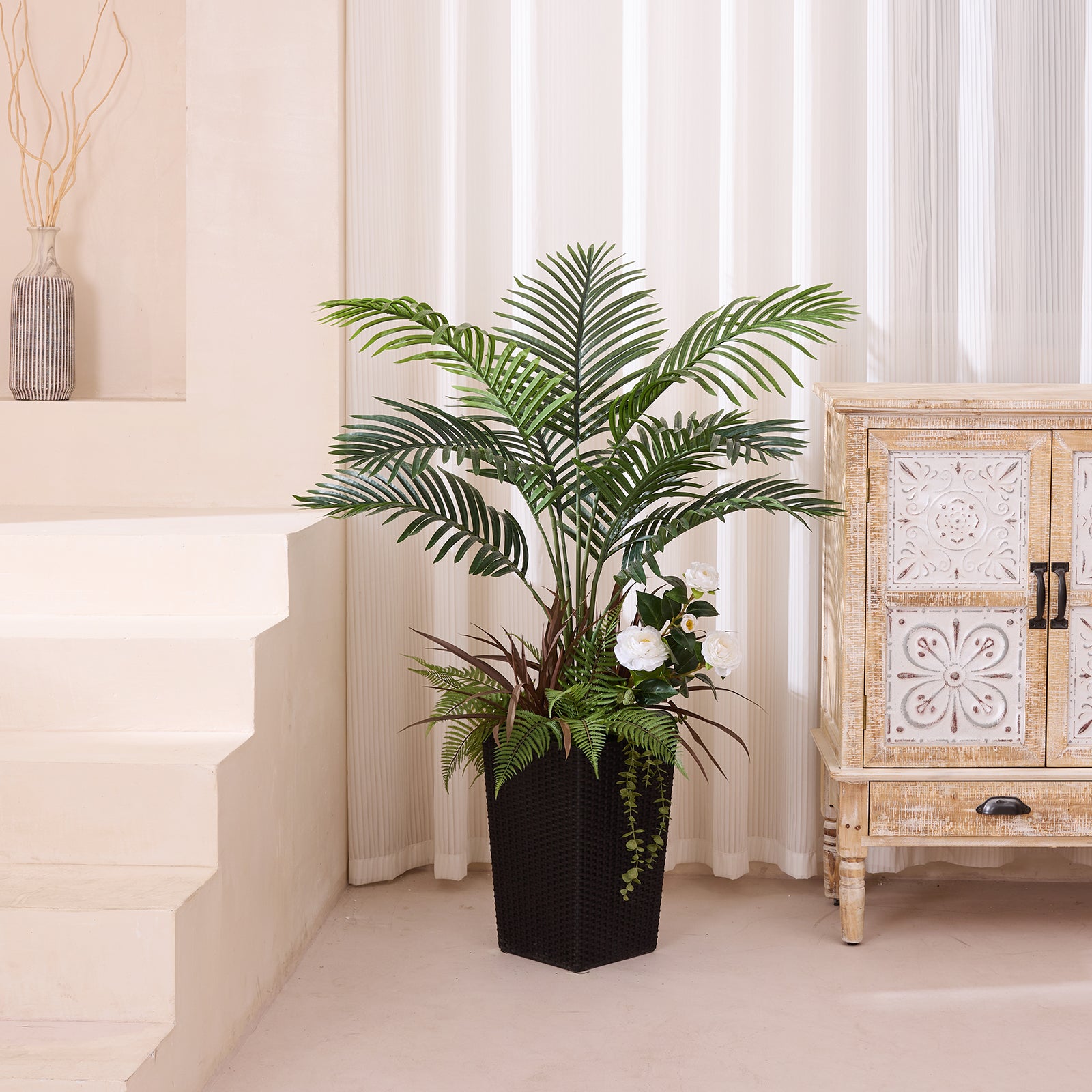 VeriNatural 4FT Mixed Fern and Plam Artificial Plants with Black/White Taper Planter for Indoor & Outdoor（VN148）