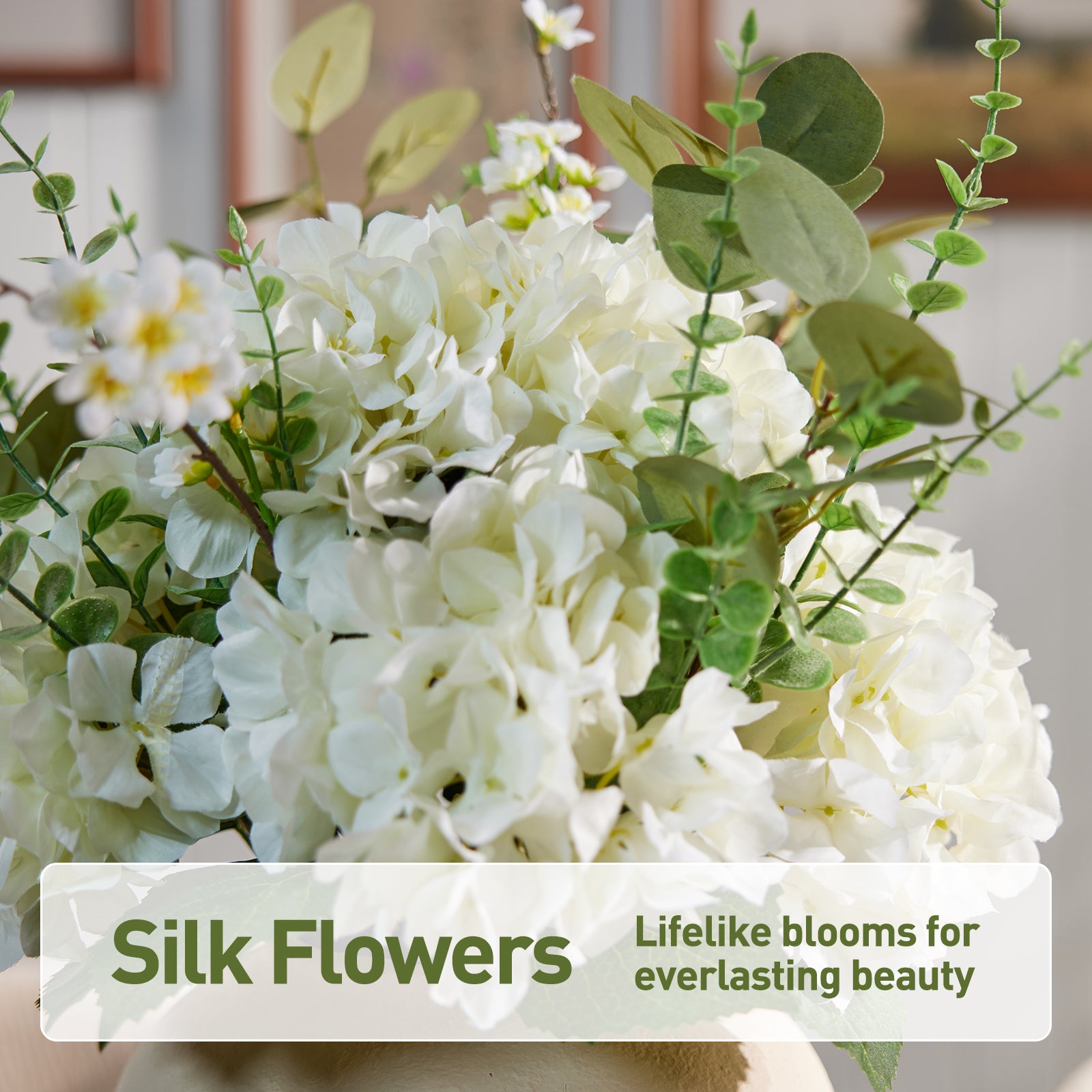VeriNatural 24" Faux Hydrangea Arrangement with Eucalyptus Greenery – Large Artificial Floral Centerpiece in MgO Vase for Dining Table, Coffee Table & Modern Farmhouse Home Decor