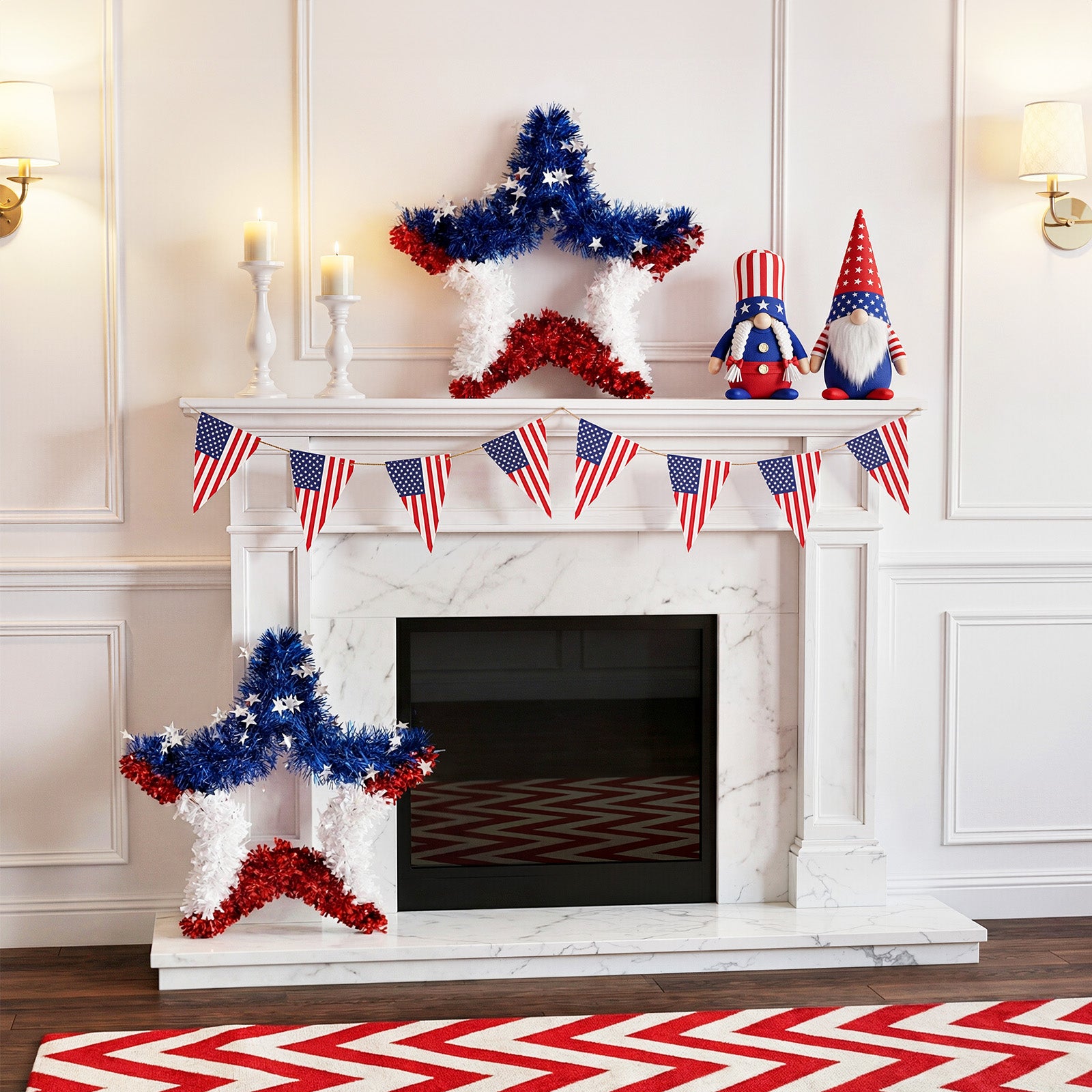 VeriNatural Garland  Red White Blue Star Tinsel Decor for Party, Door, Wall & Golf Cart