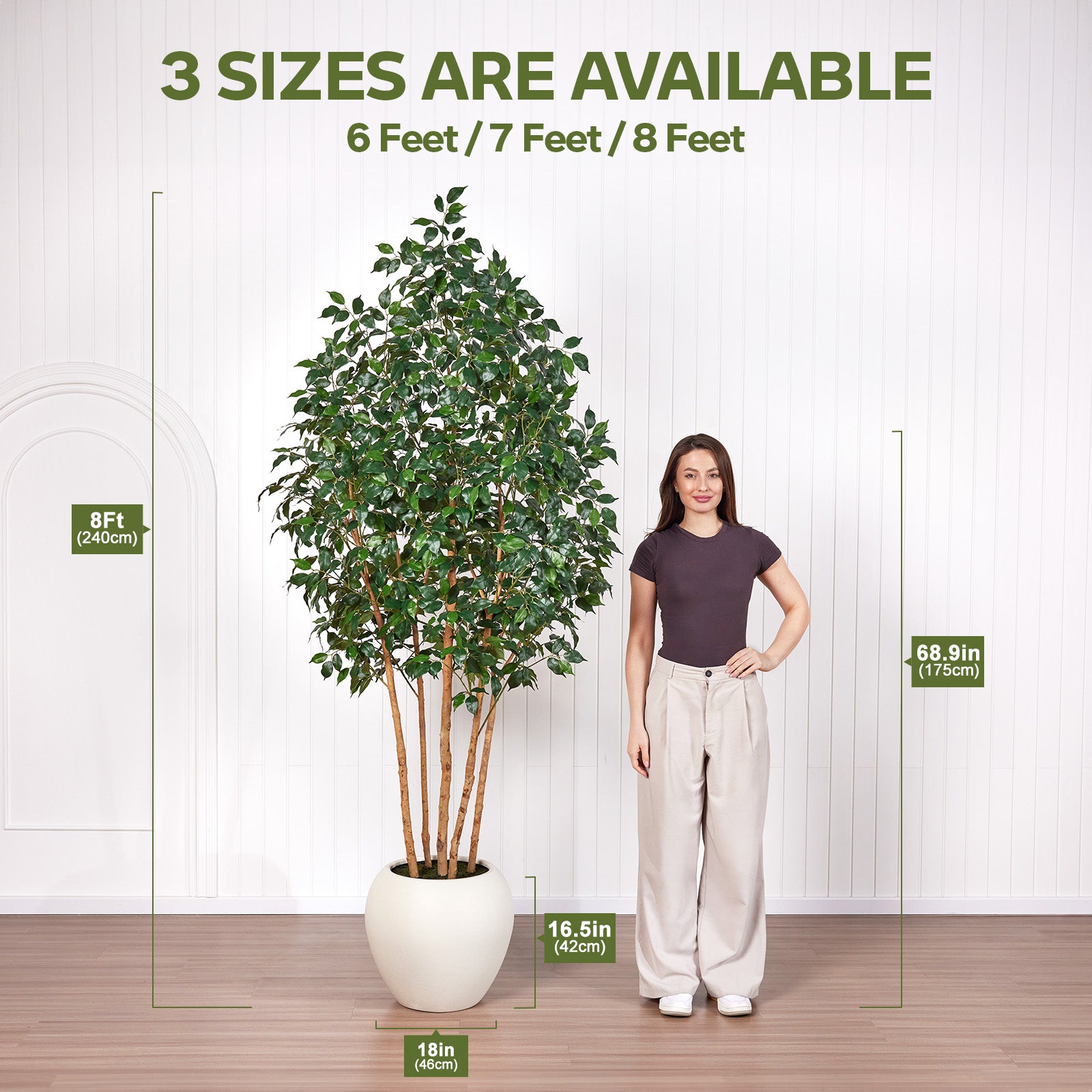 VeriNatural 6/7/8FT Artificial Ficus Tree Indoor – Faux Tree with Natural Wood Trunk, Silk Leaves & White Round Planter Included, Realistic Fake Plant for Home, Office & Living Room Decor (VN255)