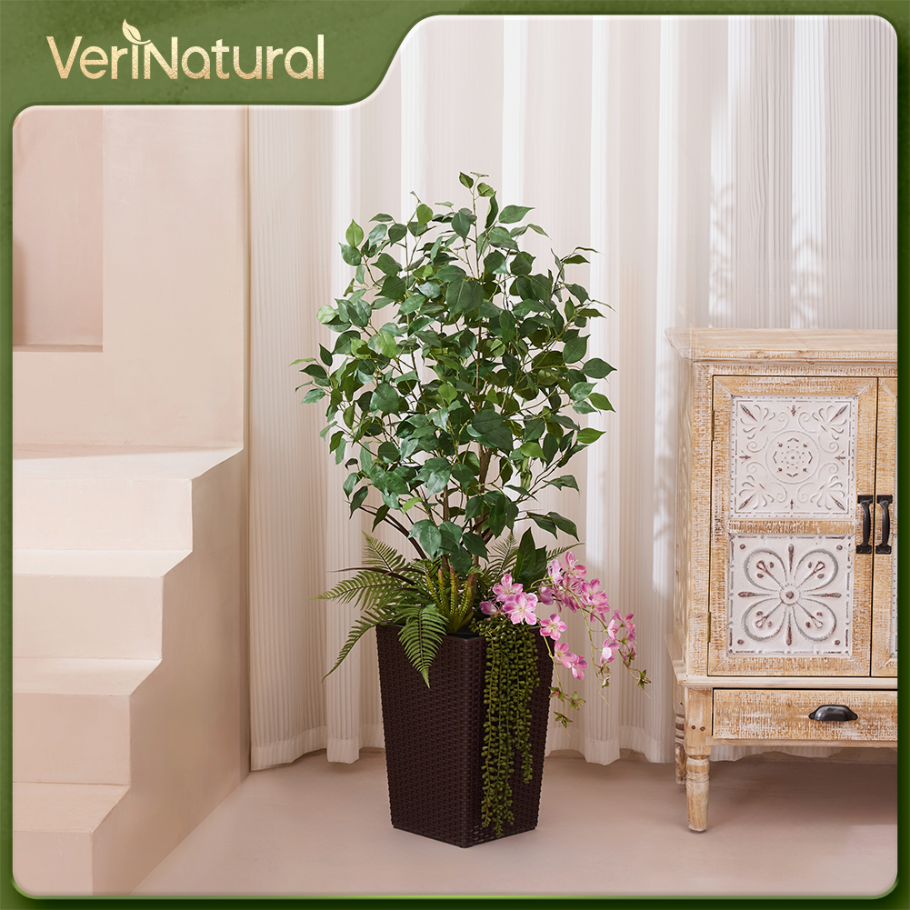 VeriNatural 4FT Mixed Fern and Ficus Artificial Plants with Black Taper Planter for Indoor & Outdoor（VN147）