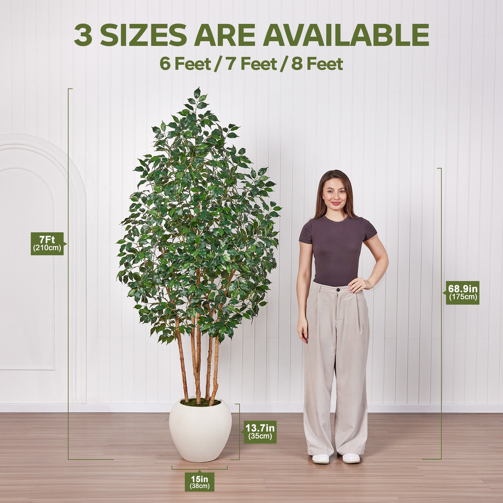 VeriNatural 6/7/8FT Artificial Ficus Tree Indoor – Faux Tree with Natural Wood Trunk, Silk Leaves & White Round Planter Included, Realistic Fake Plant for Home, Office & Living Room Decor (VN255)