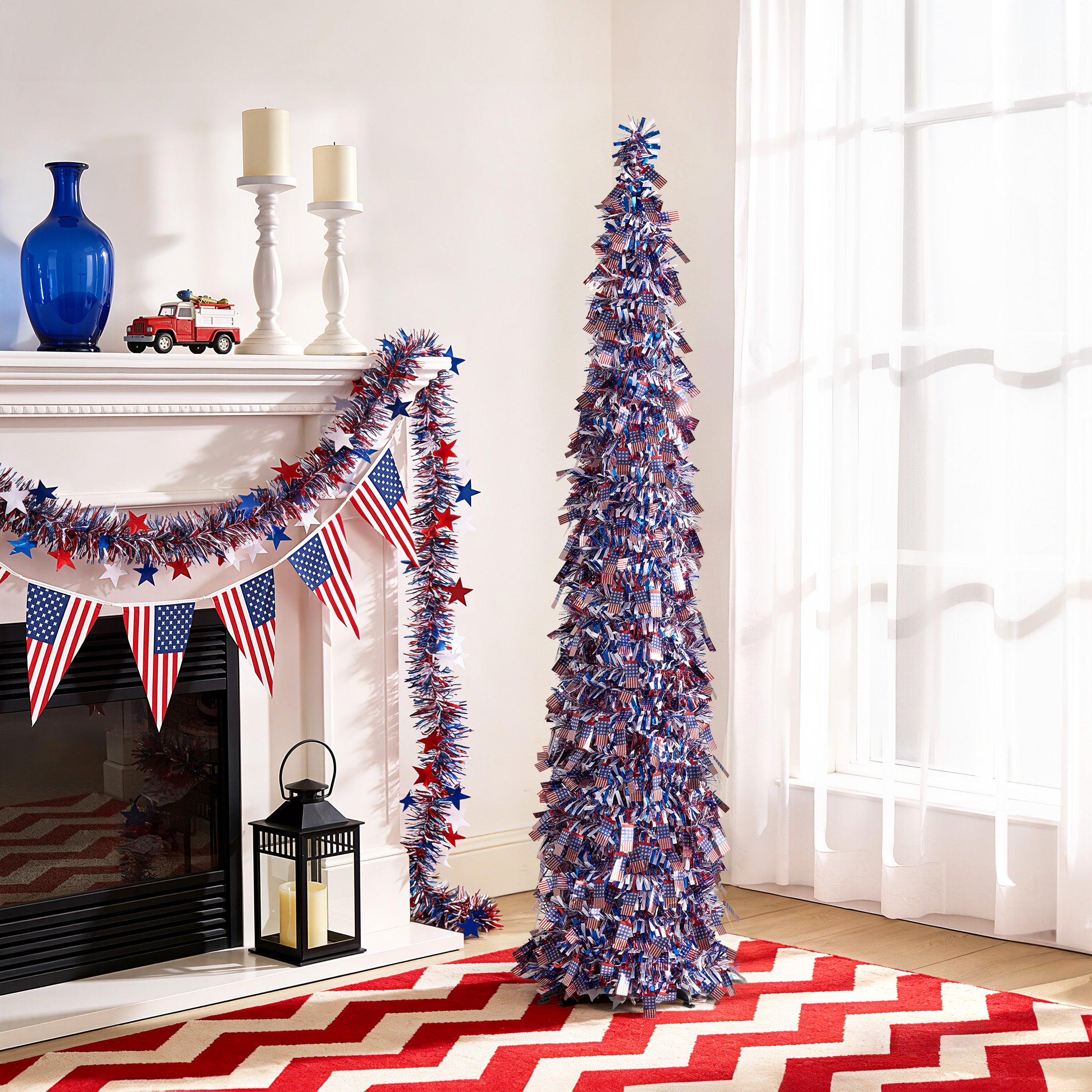 VeriNatural 4th of July Decor, Patriotic Pop up Pencil Tree,4.9 Ft Tinsel Tree,Sequin Star Ornaments Garland Collapsible Tree for Independence Day Memorial Home Decor