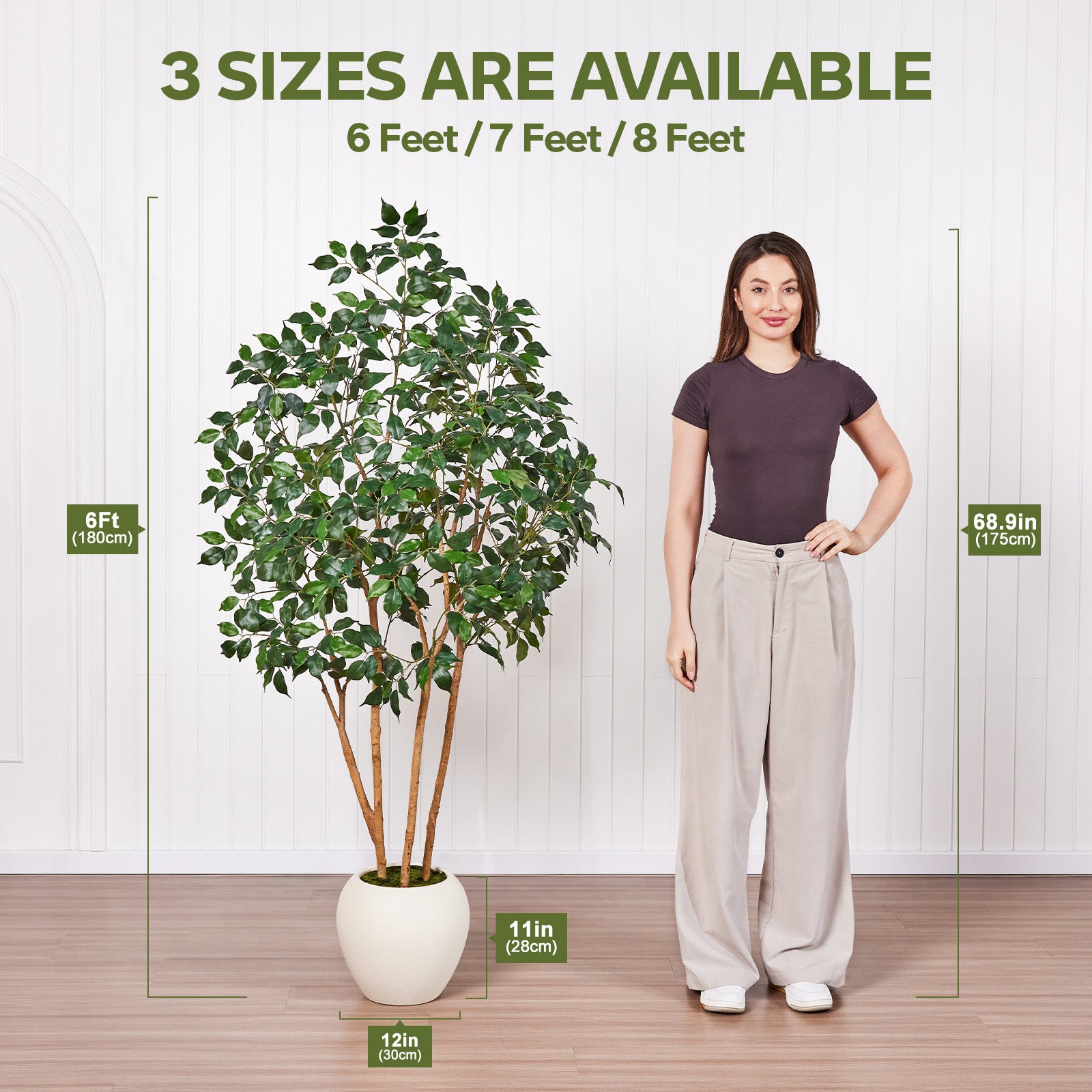 VeriNatural 6/7/8FT Artificial Ficus Tree Indoor – Faux Tree with Natural Wood Trunk, Silk Leaves & White Round Planter Included, Realistic Fake Plant for Home, Office & Living Room Decor (VN255)