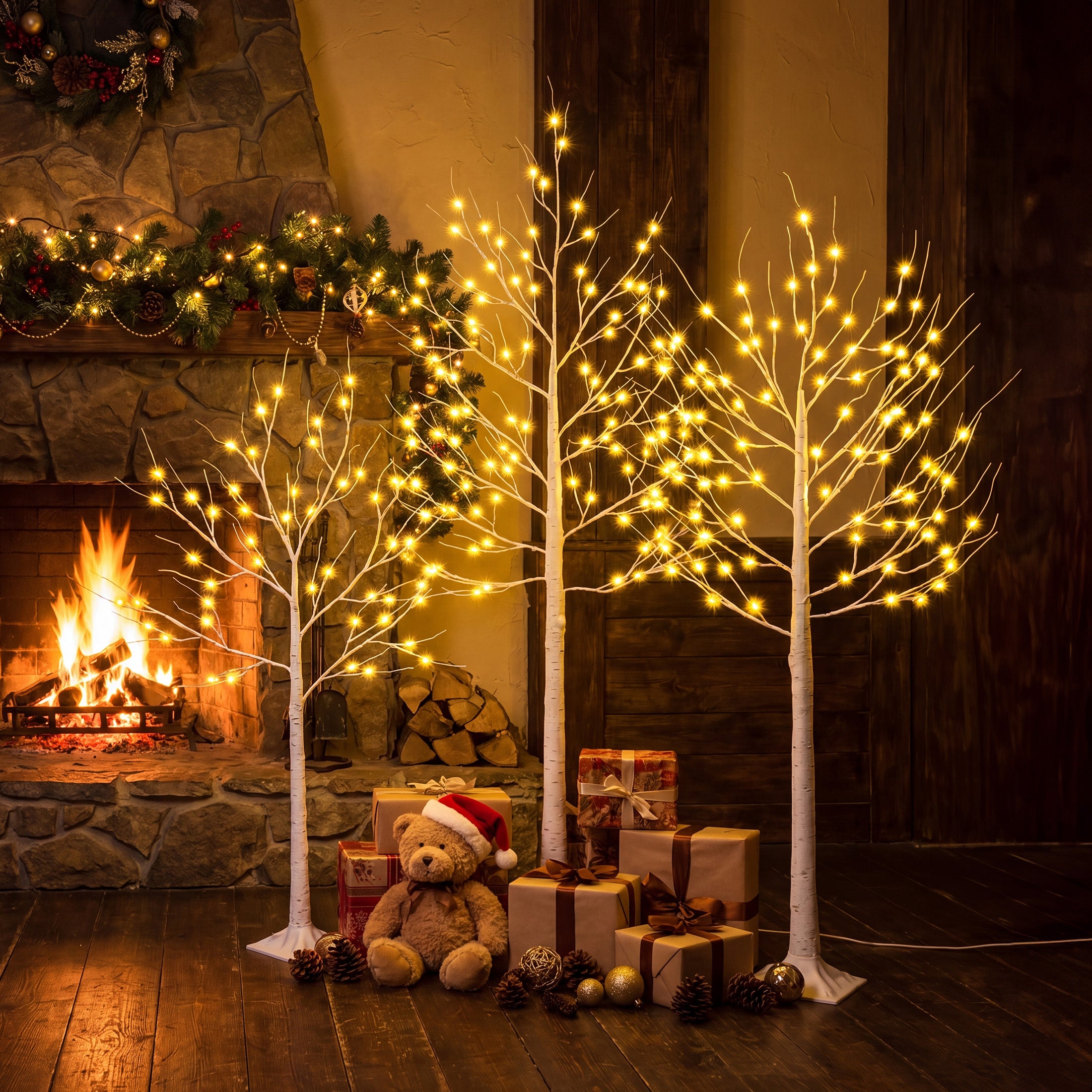 VeriNatural LED Birch Tree Light Set – 4FT/5FT/6FT Pre-Lit Artificial Trees with Warm White Plug-In Lights, Indoor & Outdoor Christmas, Holiday, Wedding & Party Decor (3-Pack)