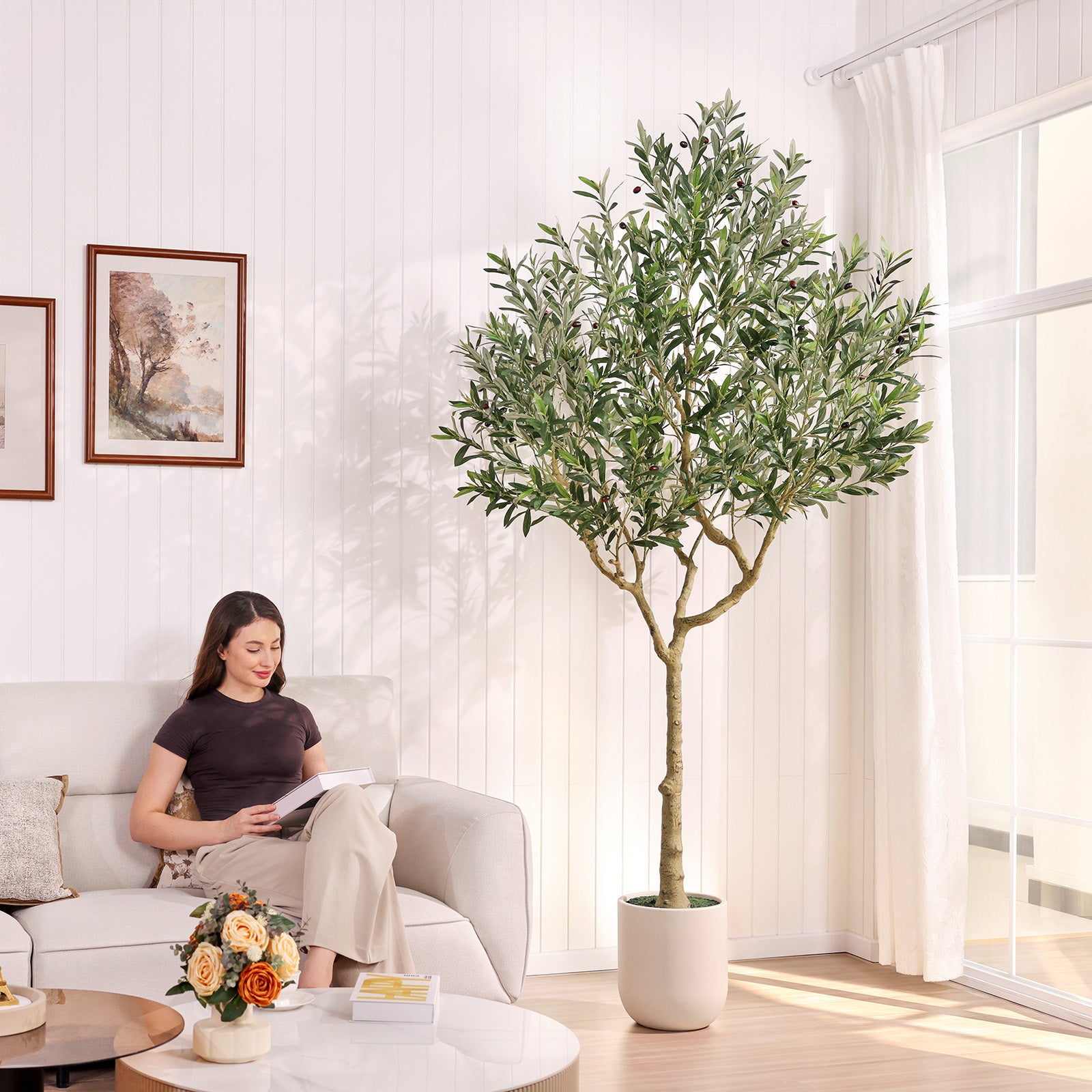 VeriNatural 8FT Artificial Olive Tree with White Tall Planter – Large Faux Olive Tree with Realistic Leaves & Lifelike Fruits for Indoor Home, Living Room & Office Decor