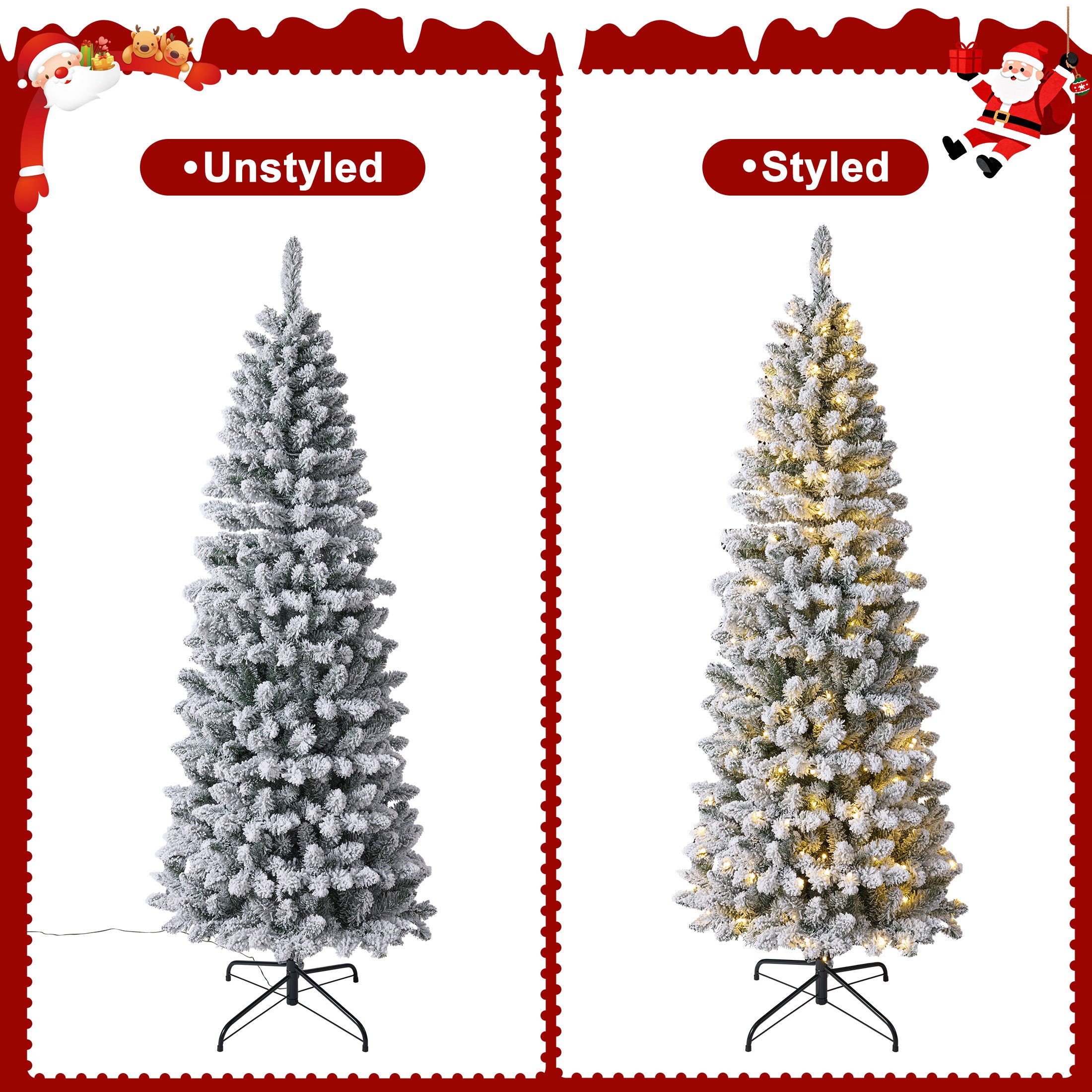 VeriNatural 6ft Prelit Snow Flocked Slim Christmas Tree - Pencil Artificial Tree with 250 Dual Color LED Lights, 9 Modes and 720 Adjustable Branches for Apartments, Living Rooms