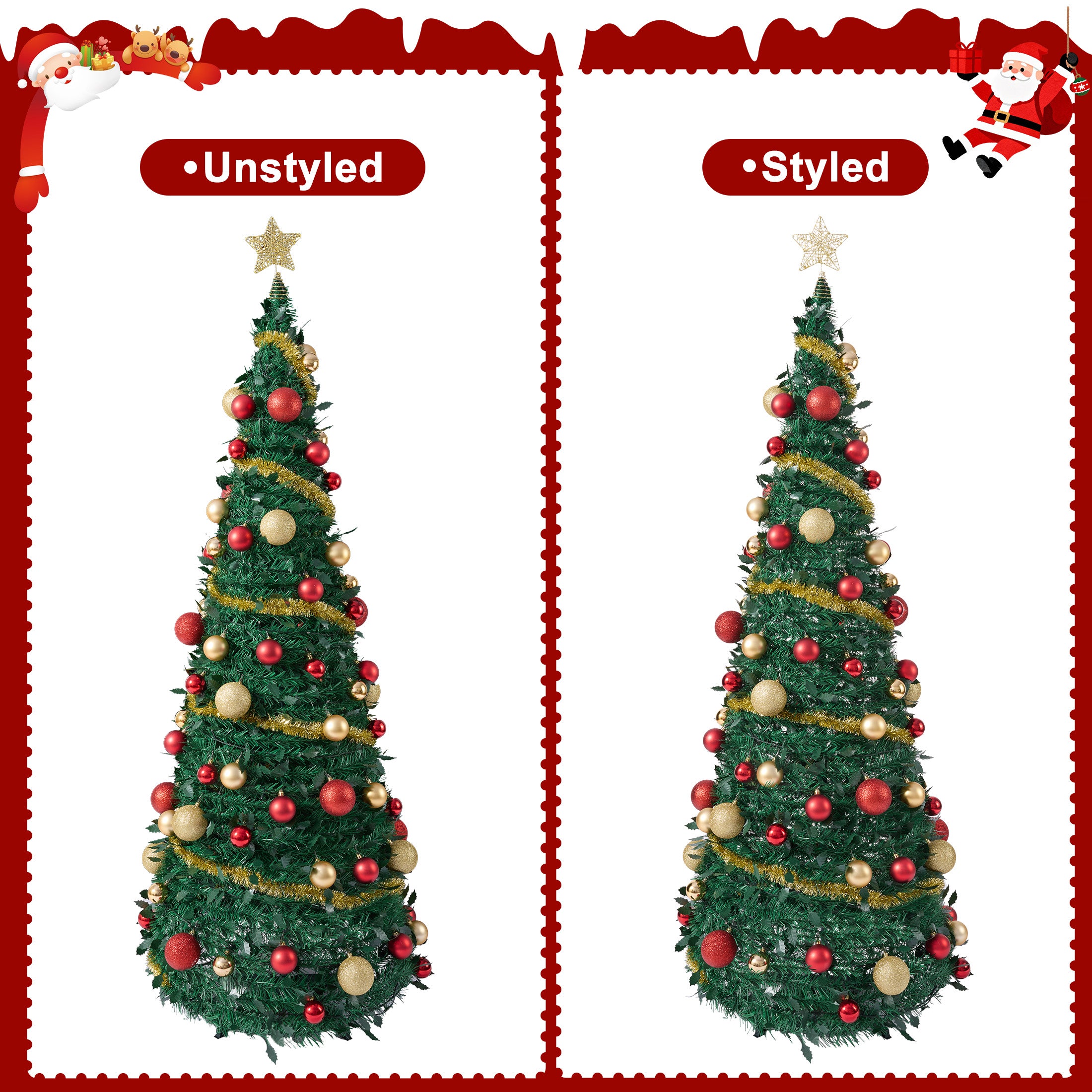VeriNatural 6FT Pop Up Christmas Tree with 150 Warm White LED Lights & 90 Red Gold Ornaments, Pre-Lit Collapsible Artificial Xmas Tree for Easy Holiday Setup