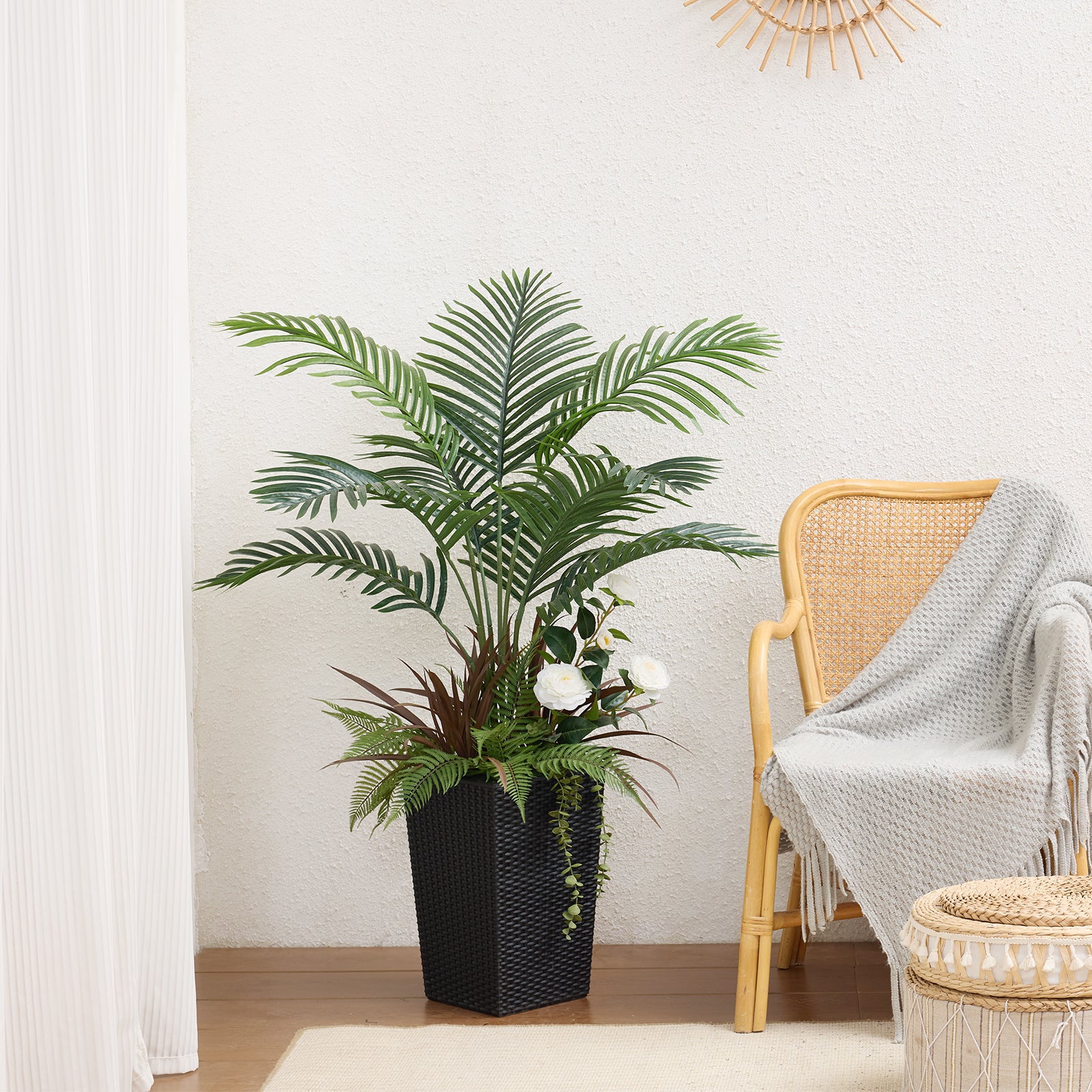 VeriNatural 4FT Mixed Fern and Plam Artificial Plants with Black/White Taper Planter for Indoor & Outdoor（VN148）