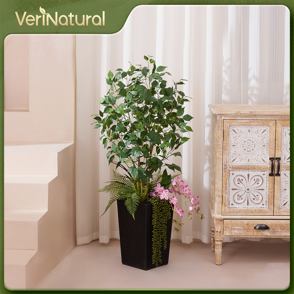 VeriNatural 4FT Mixed Fern and Ficus Artificial Plants with Black Taper Planter for Indoor & Outdoor（VN147）