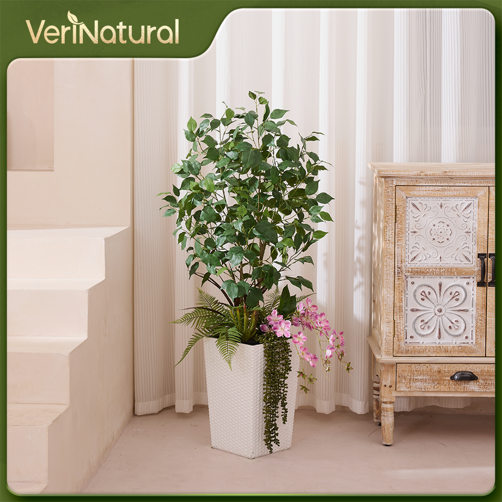 VeriNatural 4FT Mixed Fern and Ficus Artificial Plants with Black Taper Planter for Indoor & Outdoor（VN147）