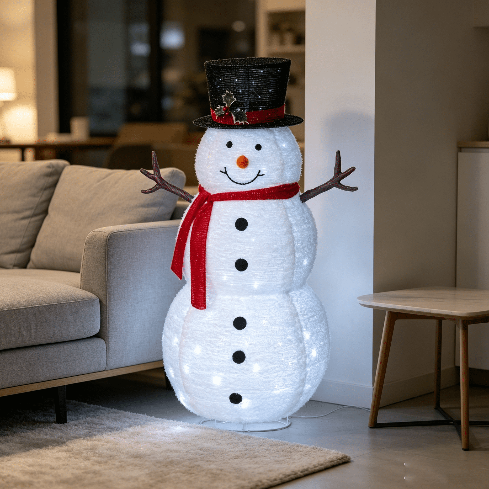 DR.Planzen 4FT Pre-Lit Christmas Snowman Decoration, Large Lighted Fabric Snowman with Top Hat & Red Scarf, Indoor & Outdoor LED Holiday Home Decor
