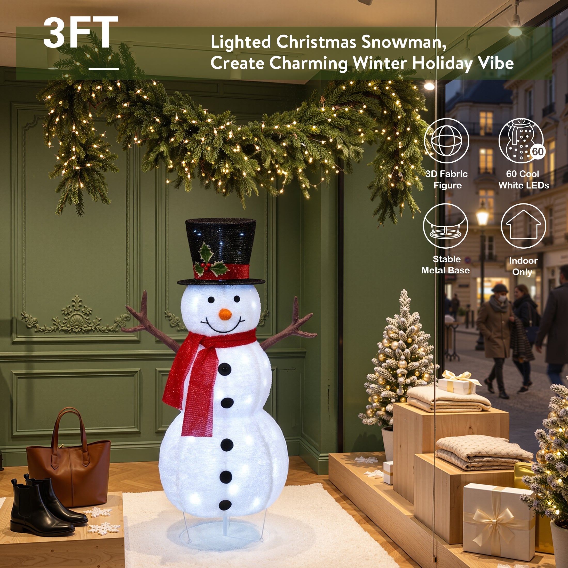 VeriNatural 3FT/4FT Pre-Lit Christmas Snowman Decoration – Lighted Fabric Snowman with Top Hat & Red Scarf, Indoor & Outdoor Holiday Yard & Home Decor