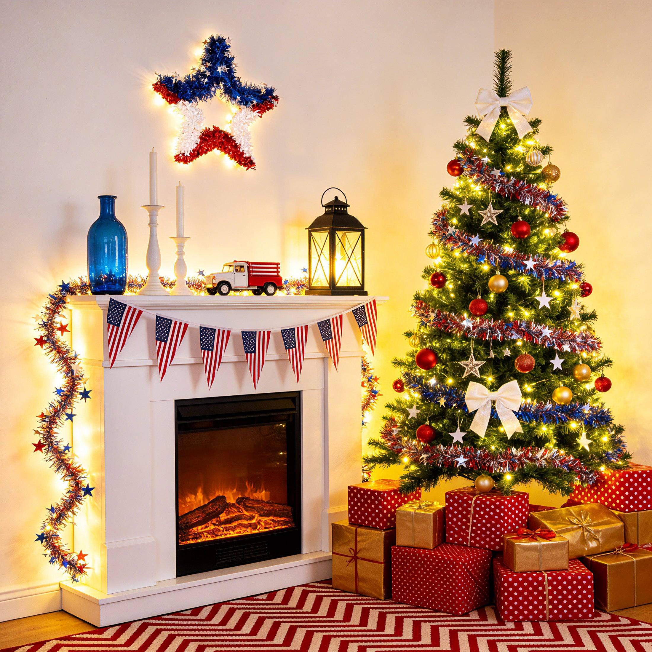 VeriNatural Garland – 2×9FT Red, White & Blue Glitter Tinsel with Stars – Party Decor for Indoor & Outdoor