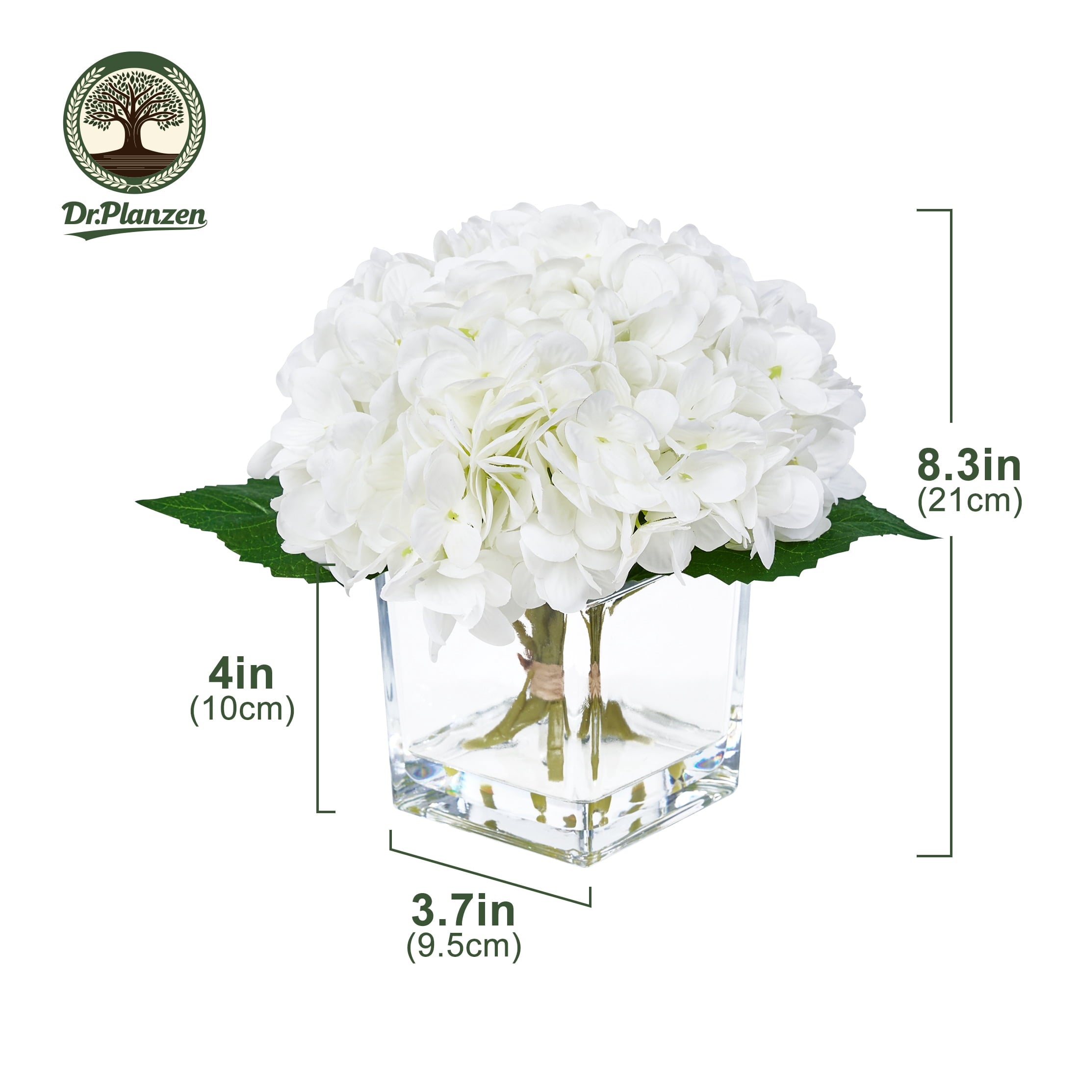 DR.Planzen 8'' Artificial White Hydrangea in Square Glass Vase - Realistic 384-Petal Silk Flower with Faux Water, Home Office Tabletop Decor