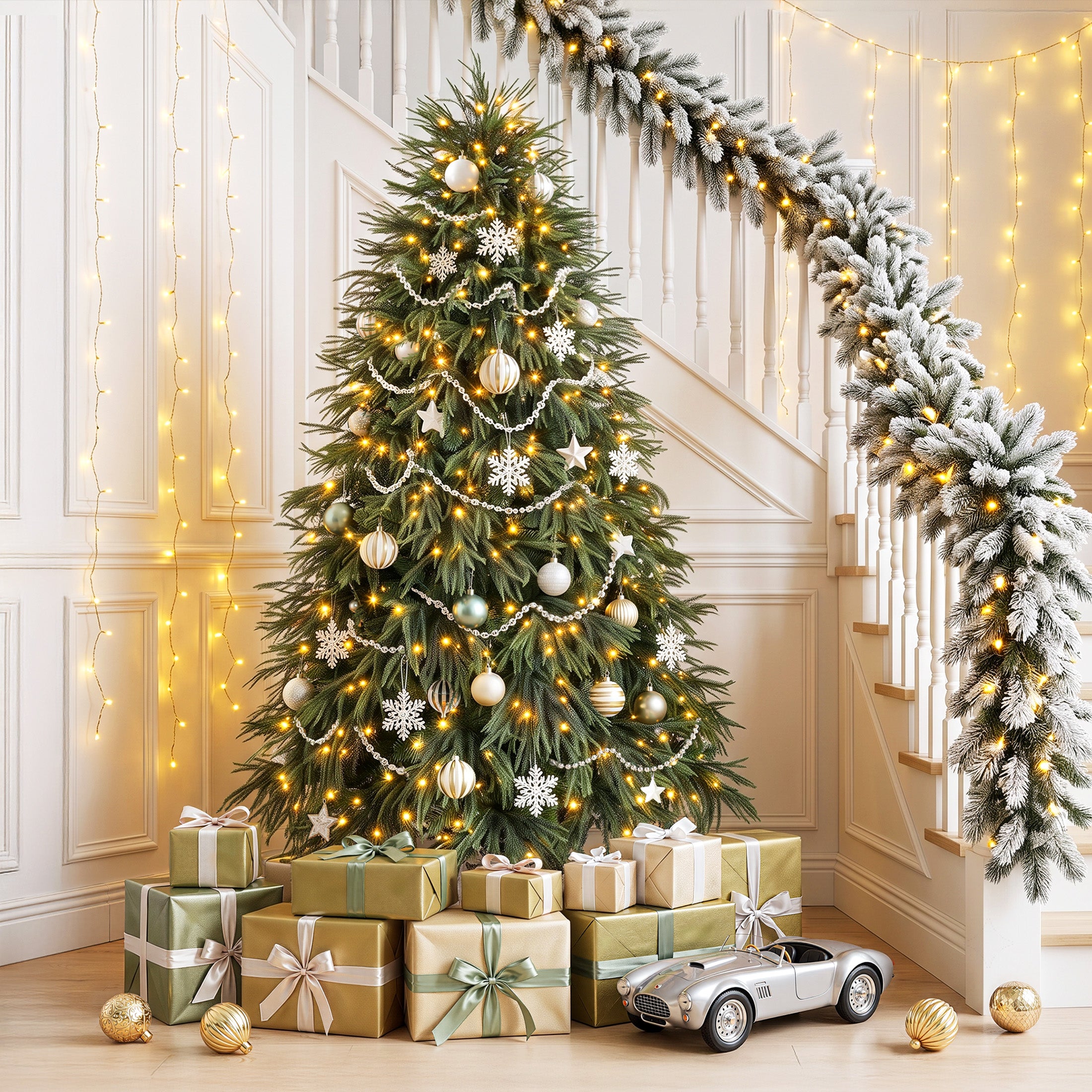 VeriNatural 4.4/6/7.4FT Pre-Lit Artificial Christmas Tree, Realistic Pine Tree with Warm White LED Lights, Lifelike PE Branches, Easy Setup Holiday Tree for Home, Office & Indoor Christmas Decoration