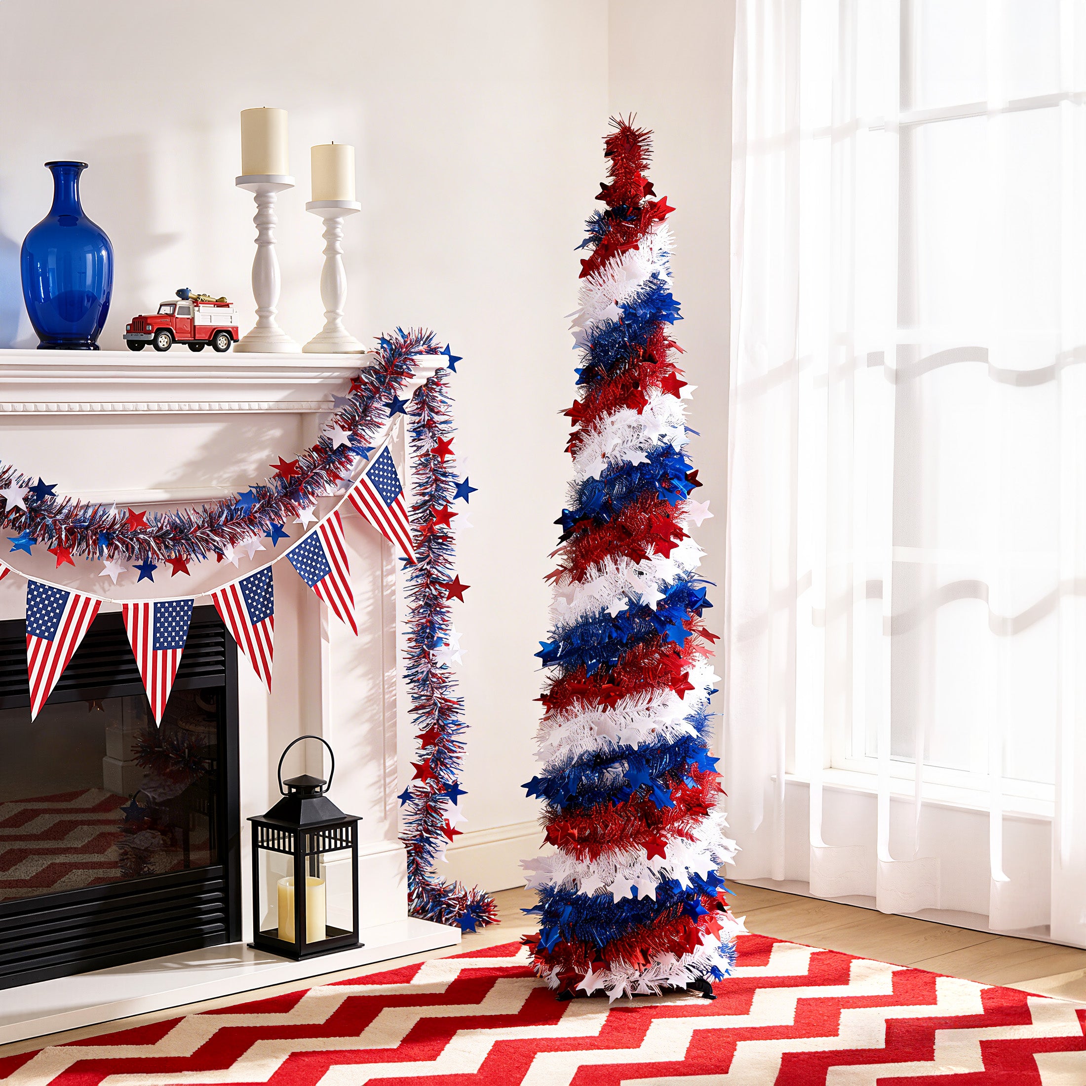 VeriNatural 5 ft 4th of July Decorations Pop Up Tinsel Pencil Tree - USA 250th Anniversary Patriotic Decor, Red White Blue Decorations with Stars for Independence Day, Memorial Day & Veterans Day