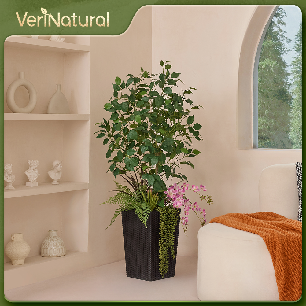 VeriNatural 4FT Mixed Fern and Ficus Artificial Plants with Black Taper Planter for Indoor & Outdoor（VN147）