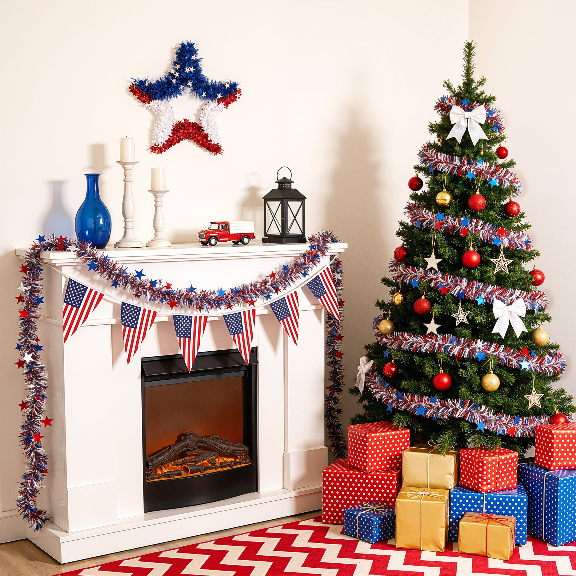 VeriNatural Garland – 2×9FT Red, White & Blue Glitter Tinsel with Stars – Party Decor for Indoor & Outdoor