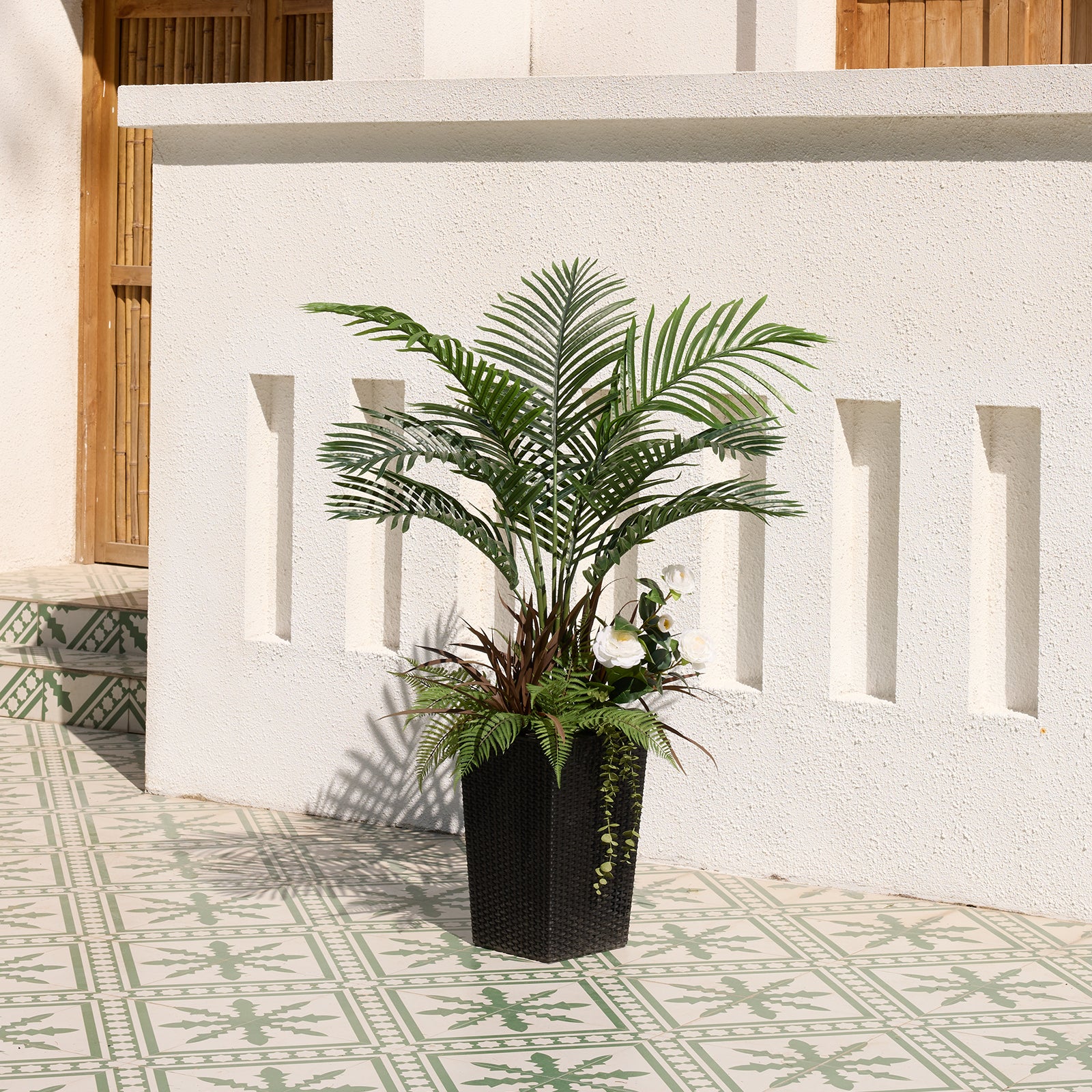 VeriNatural 4FT Mixed Fern and Plam Artificial Plants with Black/White Taper Planter for Indoor & Outdoor（VN148）