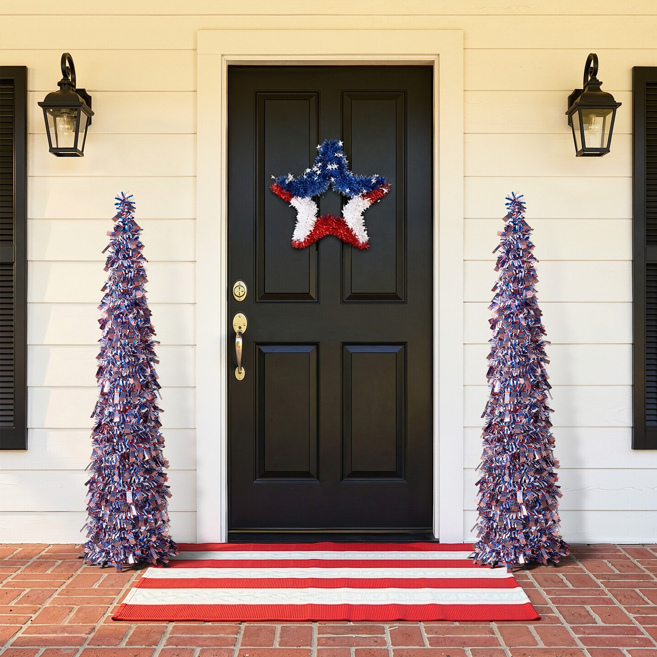 VeriNatural 4th of July Decor, Patriotic Pop up Pencil Tree,4.9 Ft Tinsel Tree,Sequin Star Ornaments Garland Collapsible Tree for Independence Day Memorial Home Decor