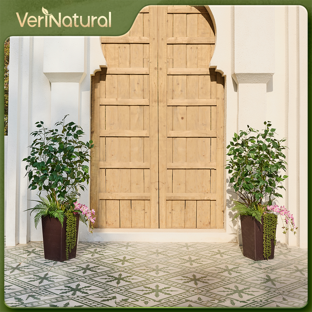 VeriNatural 4FT Mixed Fern and Ficus Artificial Plants with Black Taper Planter for Indoor & Outdoor（VN147）