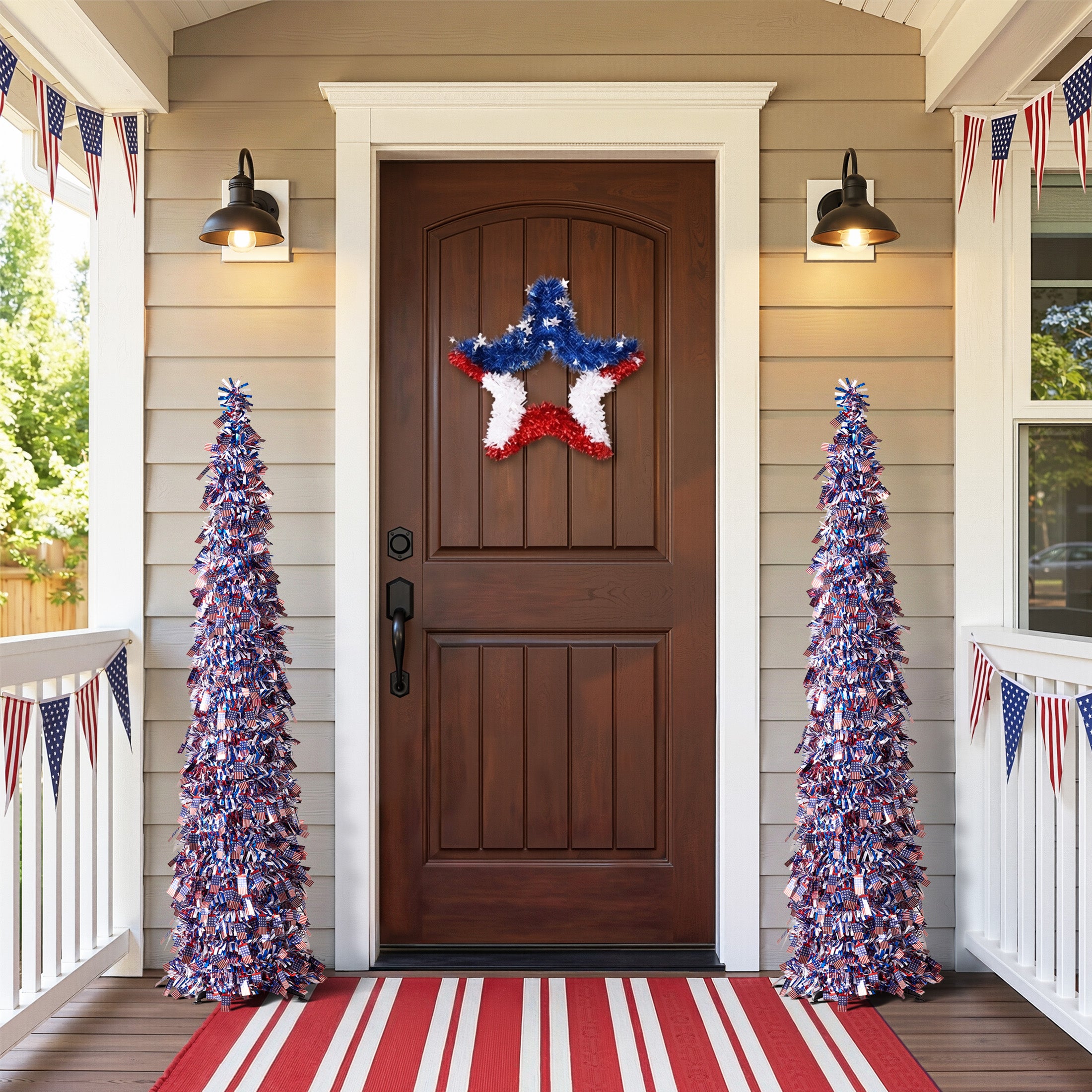 VeriNatural 4th of July Decor, Patriotic Pop up Pencil Tree,4.9 Ft Tinsel Tree,Sequin Star Ornaments Garland Collapsible Tree for Independence Day Memorial Home Decor