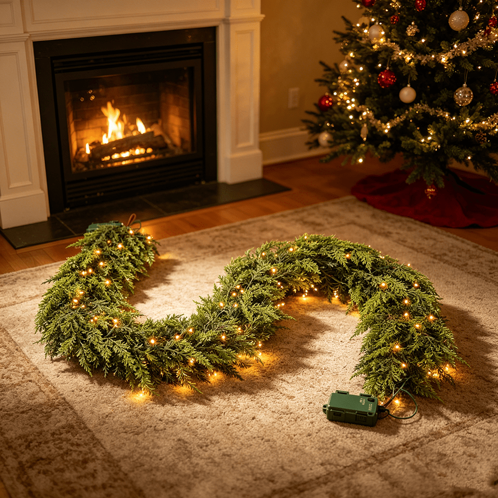 DR.Planzen 2 Pack 6FT Artificial Norfolk Pine Garland with LED Lights, 1200 PE Tips Prelit Christmas Garland, Lighted Artificial Pine Garland - 100 Warm White LEDs for Mantel Fireplace Table
