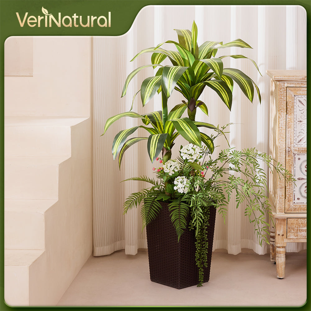 VeriNatural 4FT Mixed Fern and Dracaena Artificial Plants with Black Taper Planter for Indoor & Outdoor (1/2-Pack)（VN151）