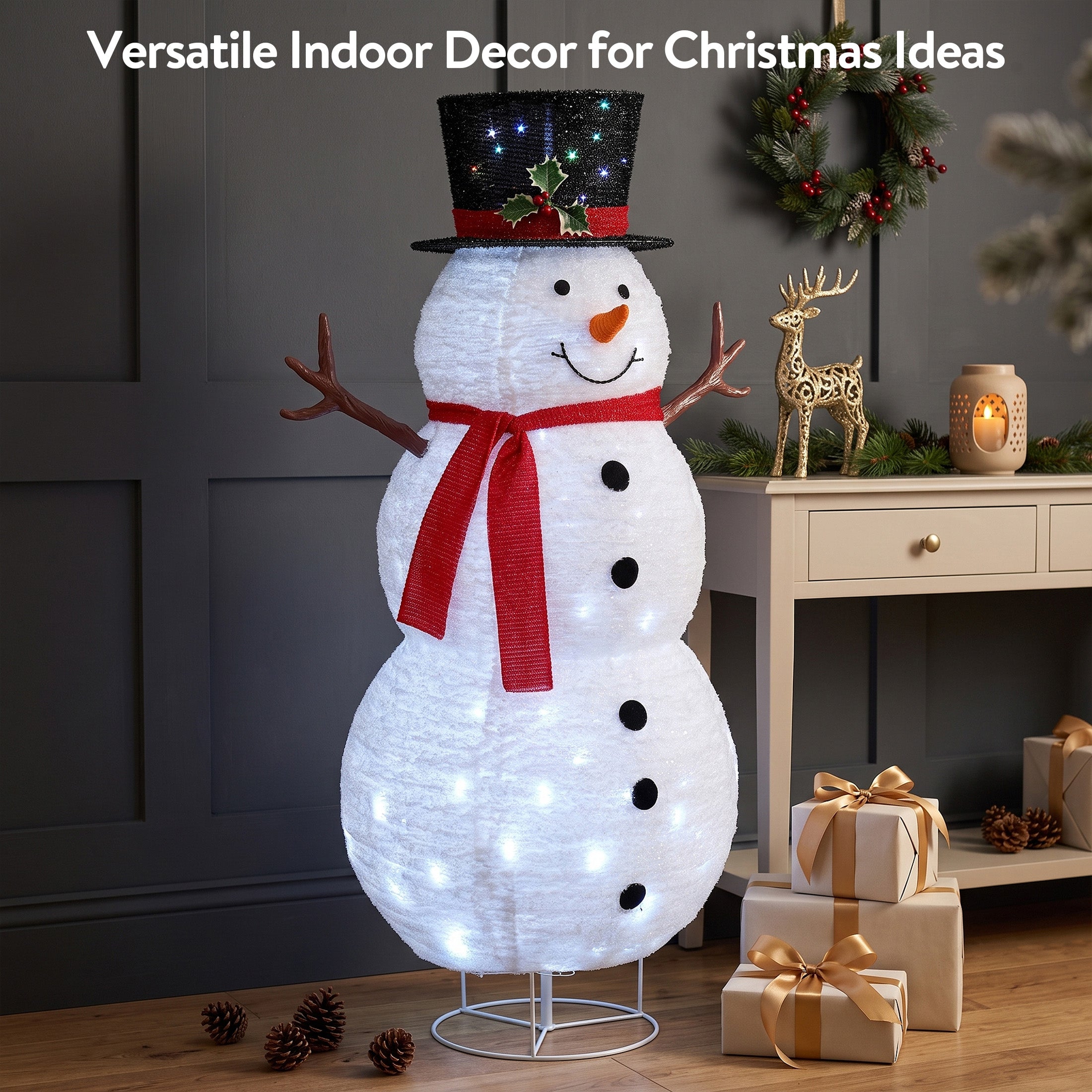 VeriNatural 3FT/4FT Pre-Lit Christmas Snowman Decoration – Lighted Fabric Snowman with Top Hat & Red Scarf, Indoor & Outdoor Holiday Yard & Home Decor