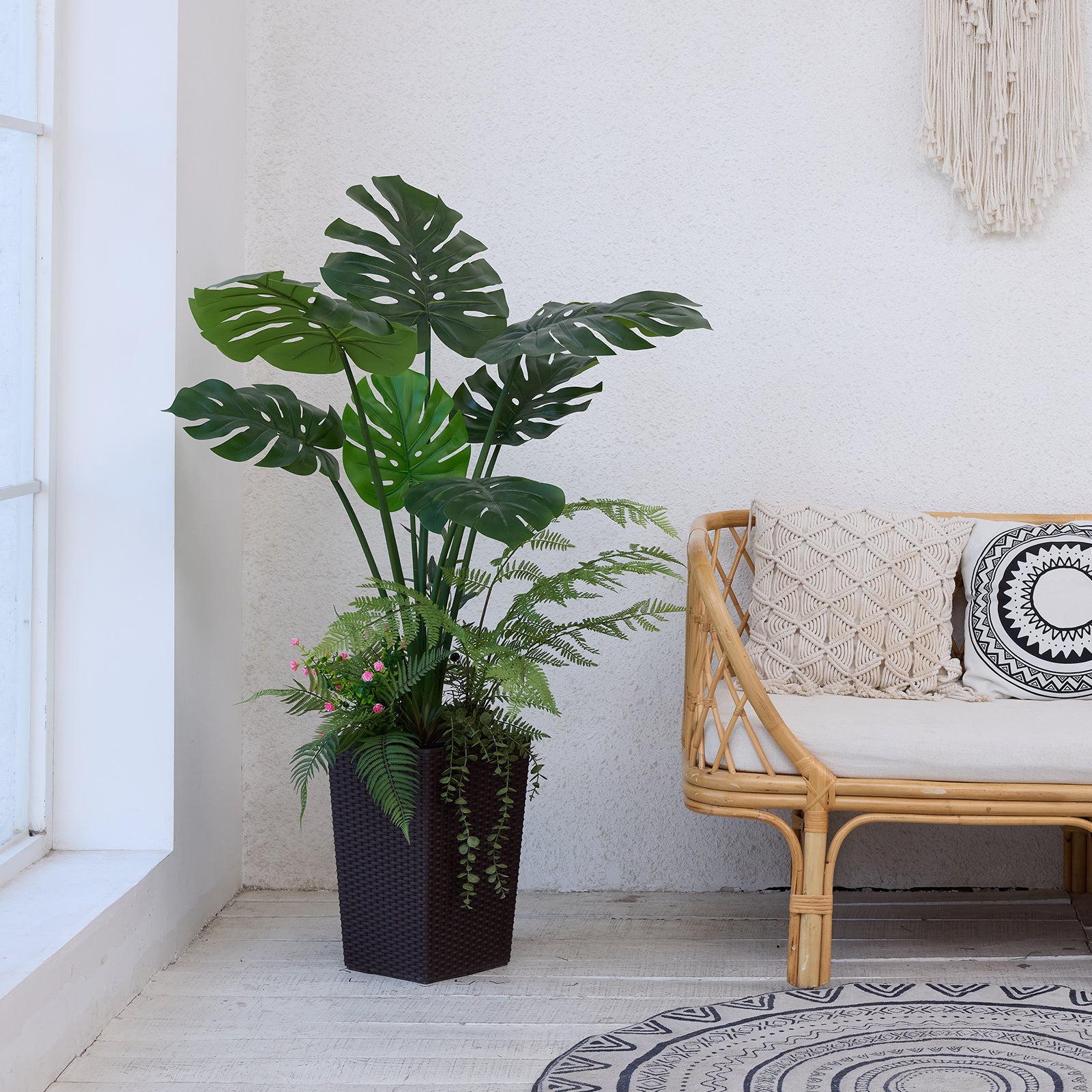 VeriNatural 4FT Mixed Fern and Monstera Deliciosa Artificial Plants with Black Taper Planter for Indoor & Outdoor (VN150)