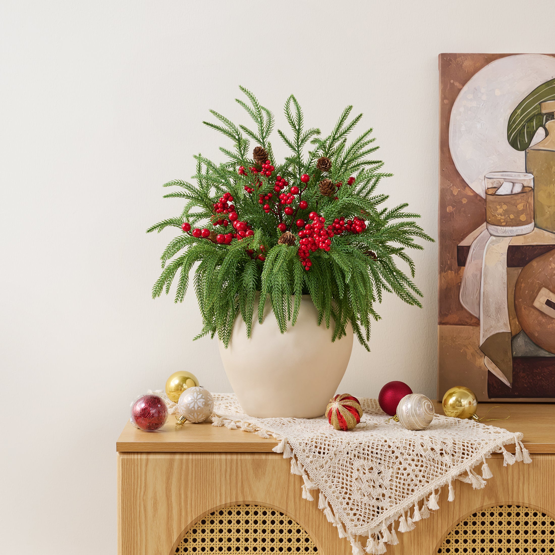 VeriNatural 22" Red Berry & Pinecone Artificial Christmas Plant in Decorative Pot – Realistic Norfolk Pine Centerpiece with 300 PE Leaves, Indoor Holiday Tabletop Decor