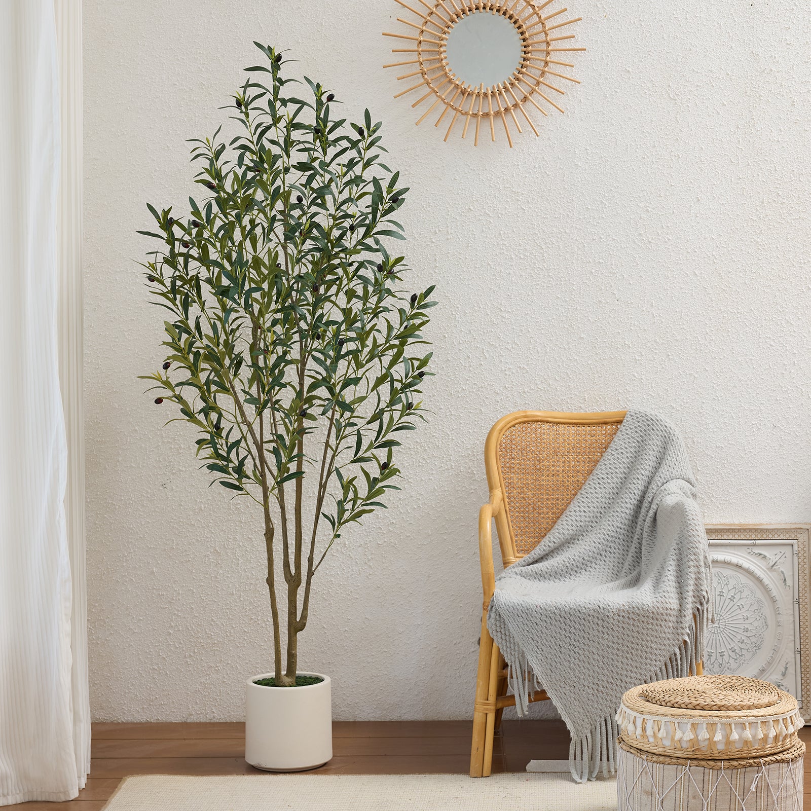 VeriNatural 5/6/7FT UV Resistant Artificial Olive Tree with 1365 Leaves in White Decorative Planter for Indoor & Outdoor（VN158）