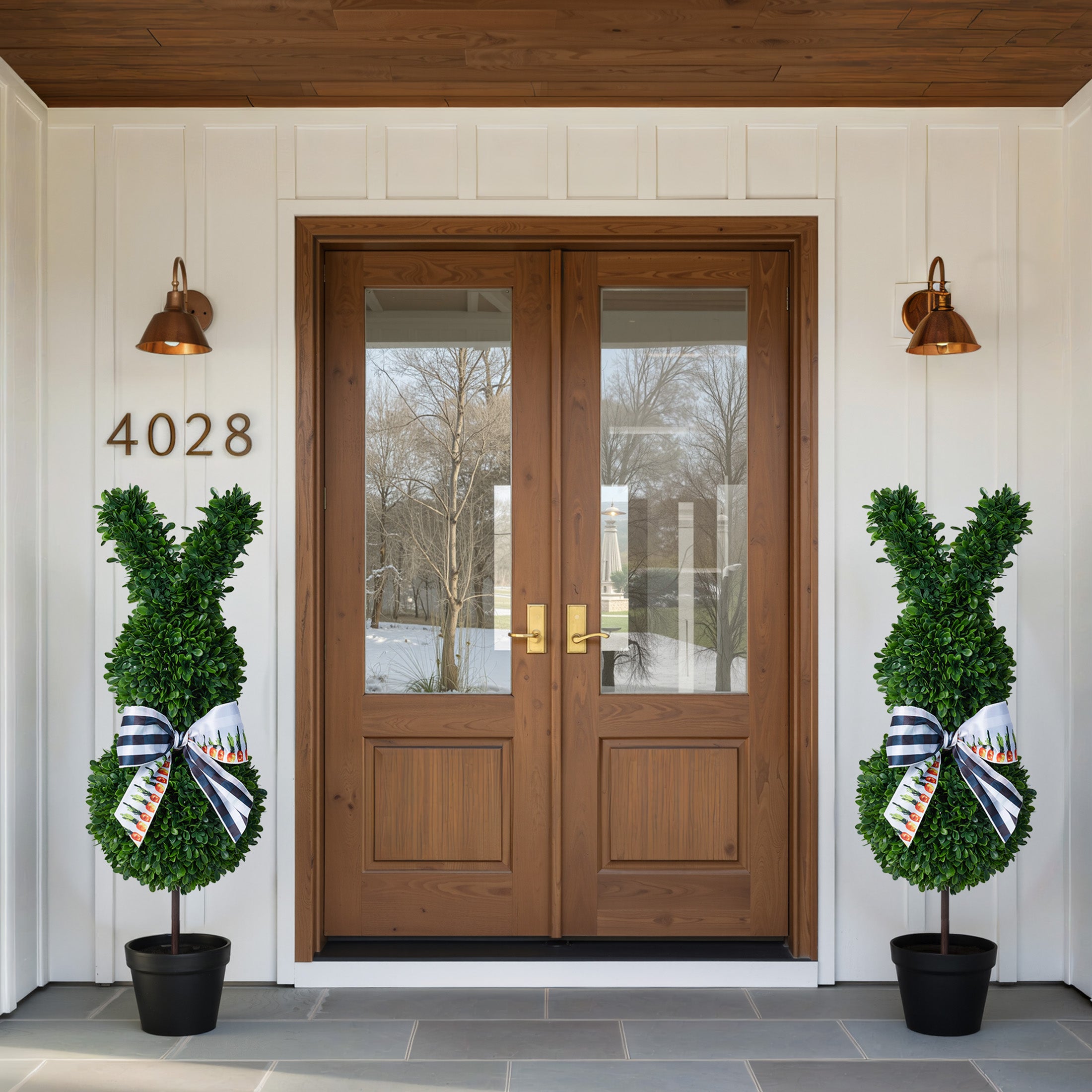 VeriNatural 2 Pack 36-inch Artificial Boxwood Easter Bunny Topiary in Weighted Black Pot, UV-Resistant Faux Plant for Indoor Outdoor Spring Decor