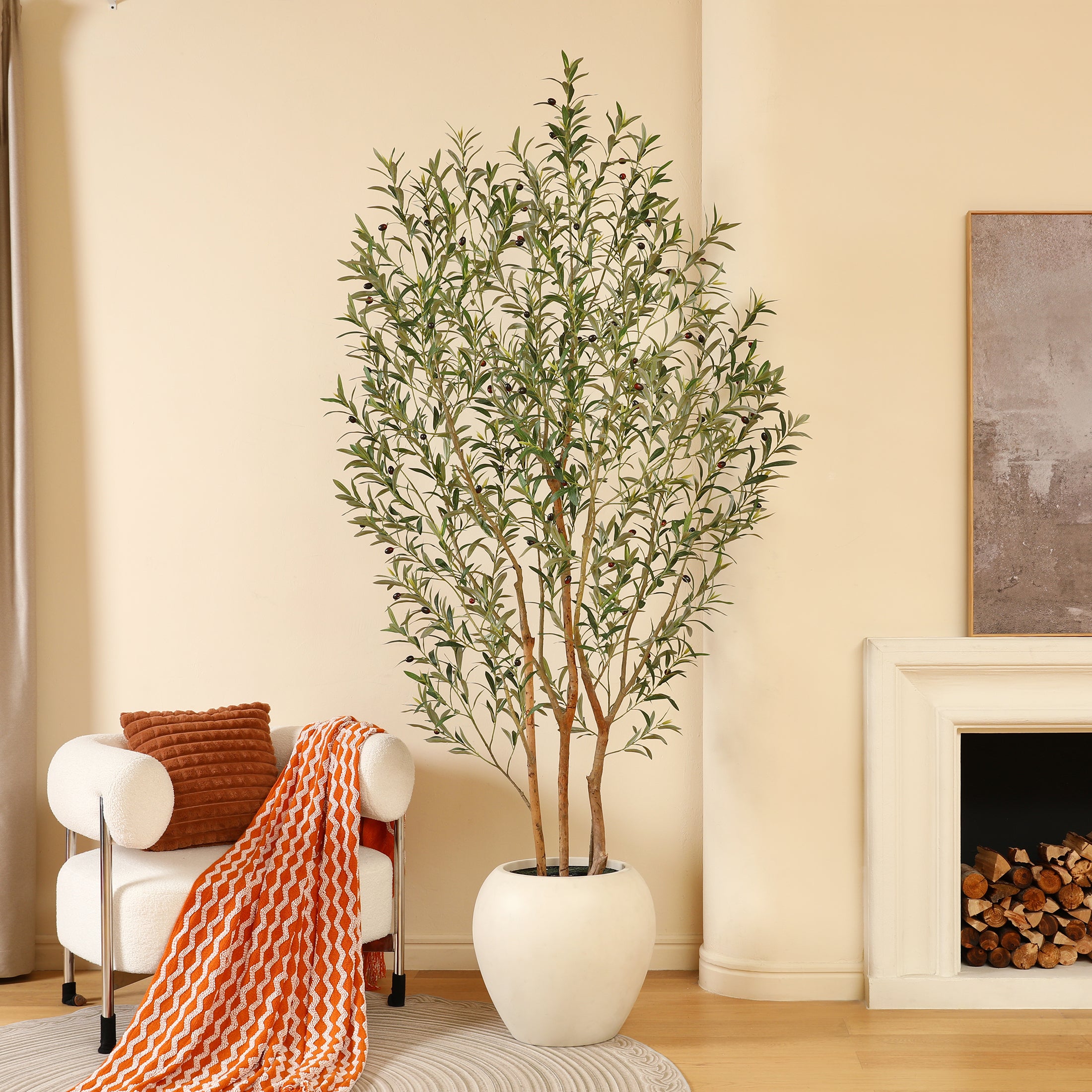 VeriNatural 8FT Artificial Real Trunks Olive Tree with Custom White Pot for Indoor