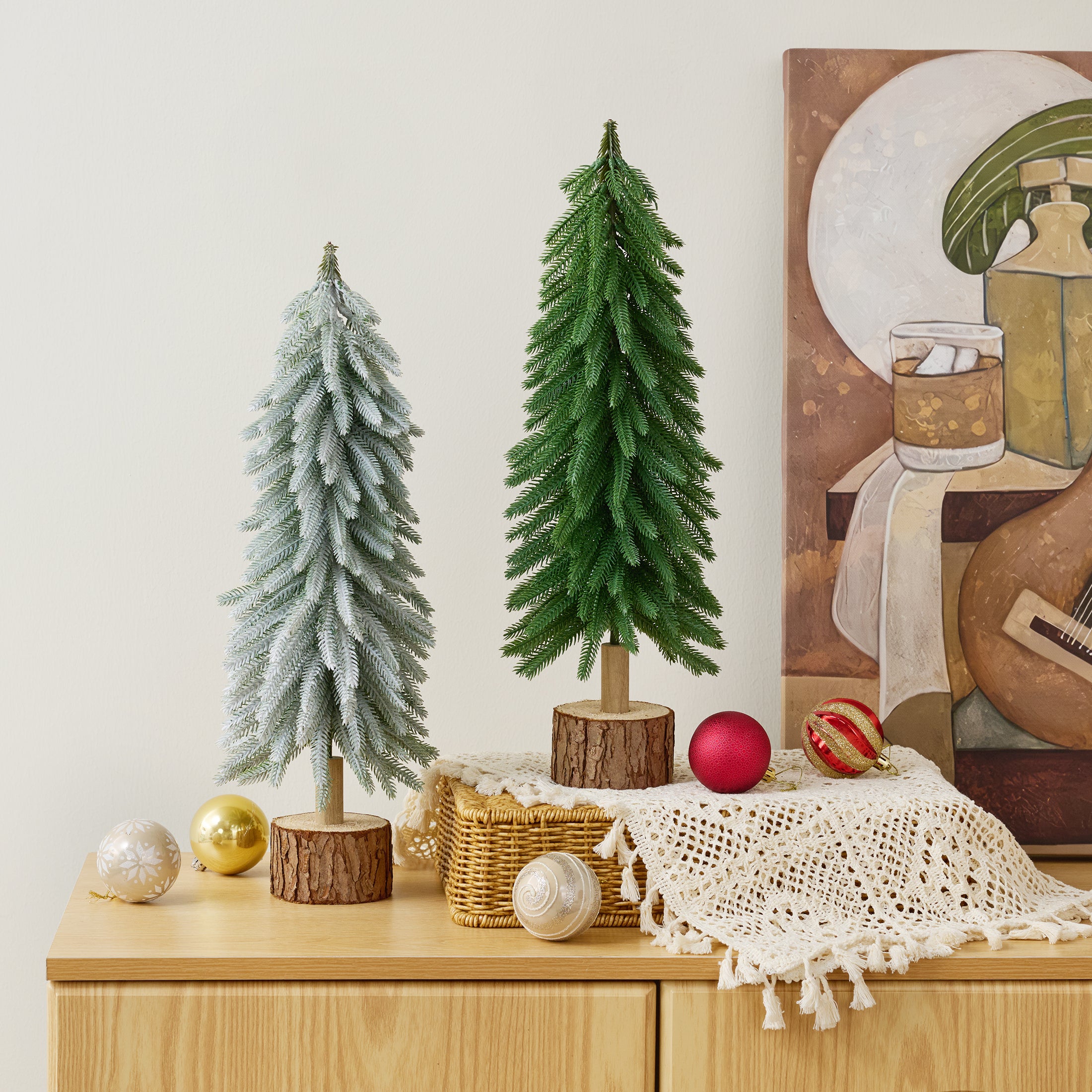 VeriNatural Mini Pine Tree 2-Pack – 19 Inch Tabletop Christmas Trees with Wood Base, Green & Snowy White PE Artificial Mini Trees for Mantel, Shelf, Office & Christmas Home Decor