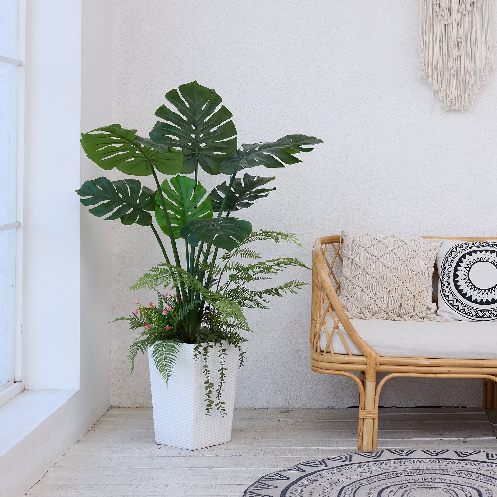 VeriNatural 4FT Mixed Fern and Monstera Deliciosa Artificial Plants with Black Taper Planter for Indoor & Outdoor (VN150)