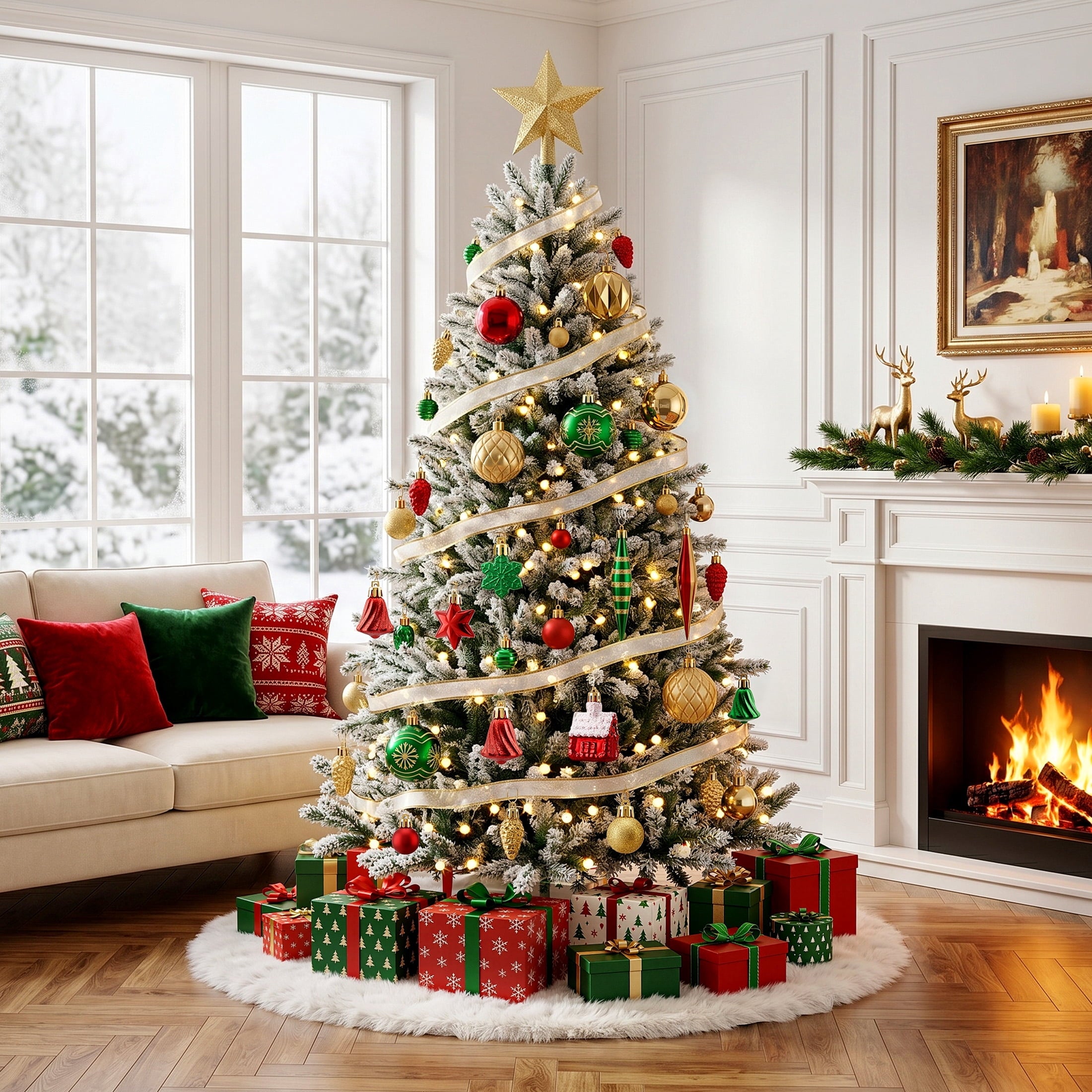 DR.Planzen 96PCS Christmas Ball Ornaments Set, Red Green Gold Ornaments, Christmas Tree Decorations, Xmas Ornaments - 9 Shapes, 1.2-4.8in Holiday Decor with 100 Hanging Strings