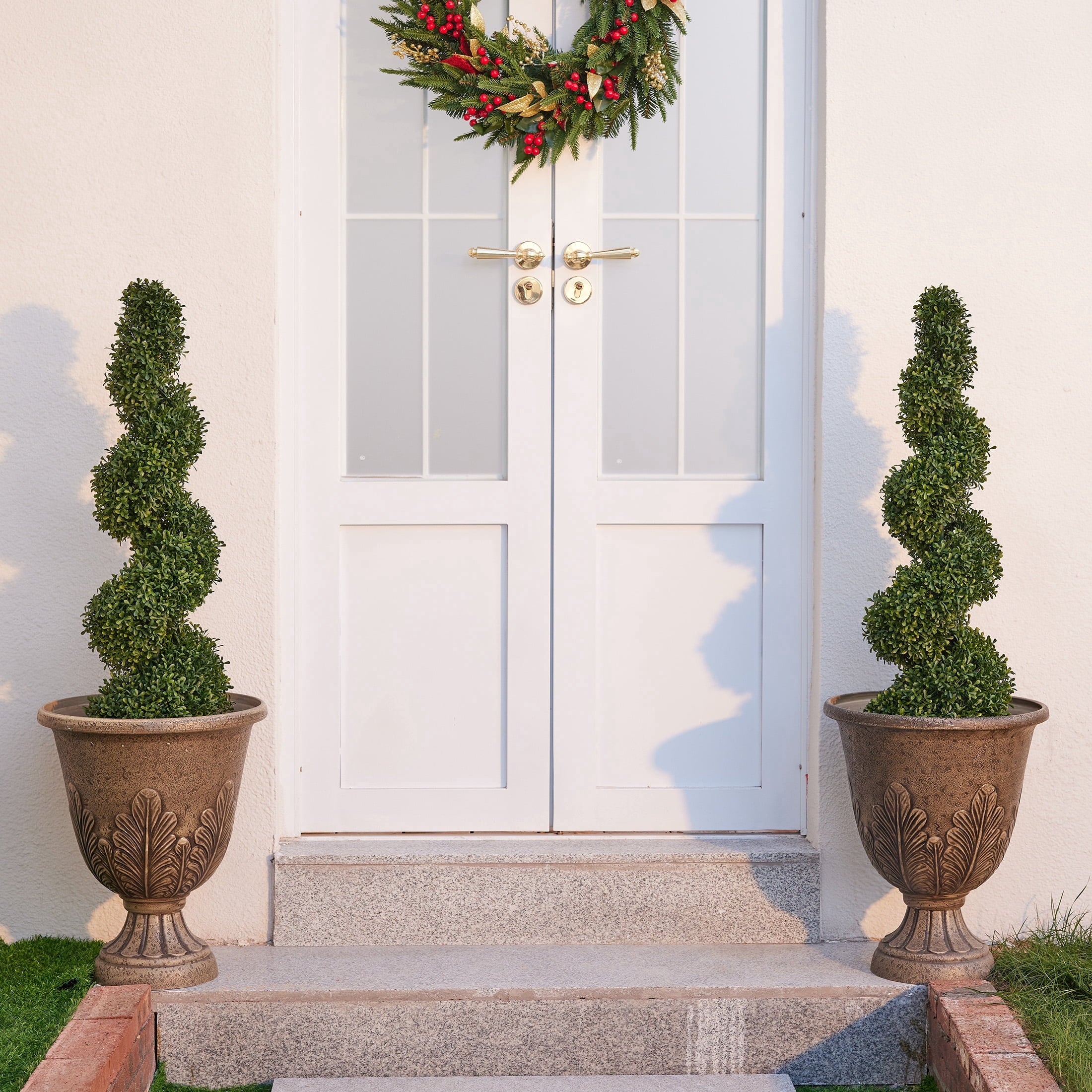 DR.Planzen 2 Pack 3FT Artificial Boxwood Spiral Topiary Tree ¨C 450 Leaves Faux Boxwood Plant, UV Resistant Artificial Plant ¨C Realistic Front Door Entryway Porch Decor Tree for Outdoor Garden Patio