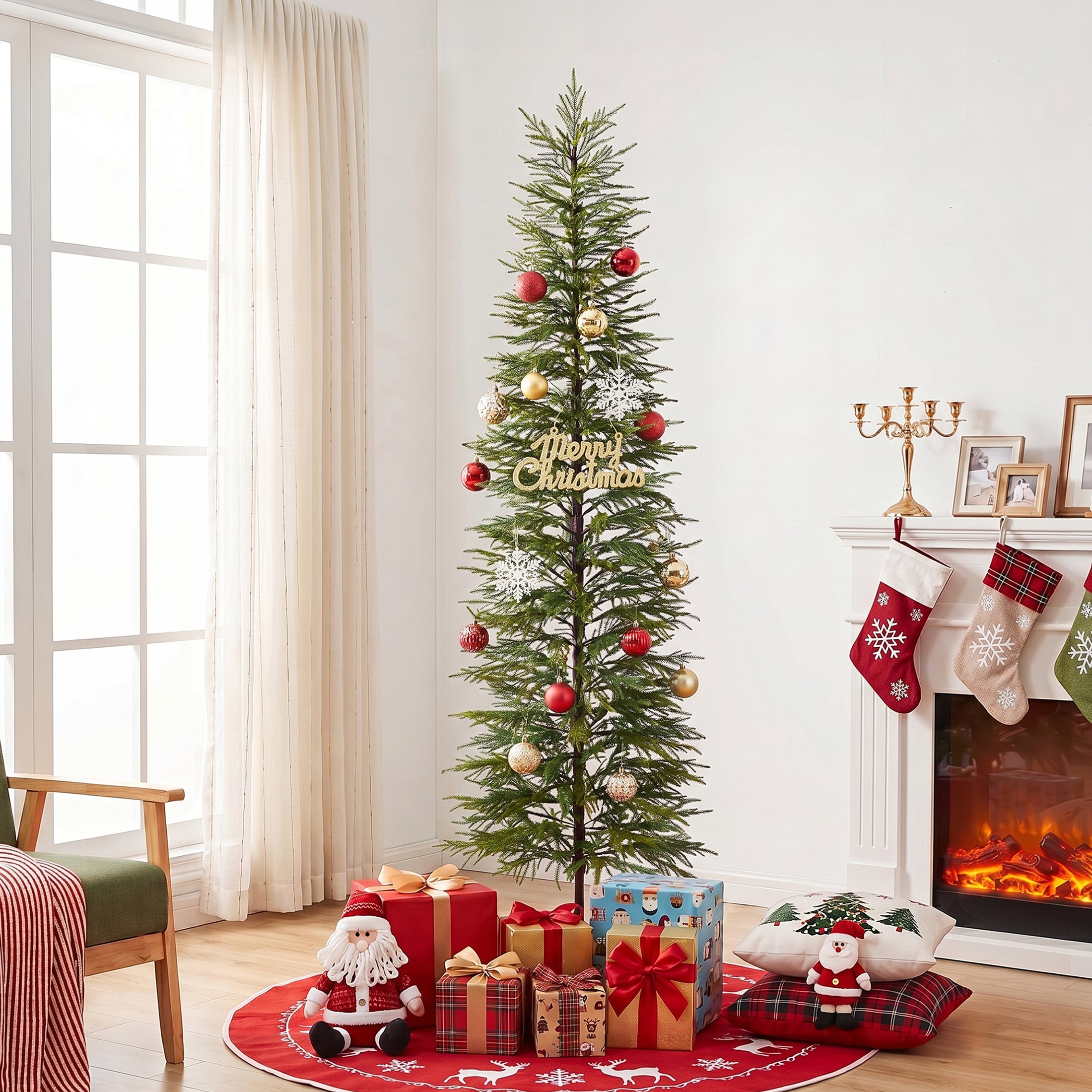 VeriNatural 5/6/7FT Artificial Green Cypress Christmas Tree, Full-Bodied Holiday Tree with Pre-Lit or Unlit Options, Metal Stand, Indoor Xmas Decor