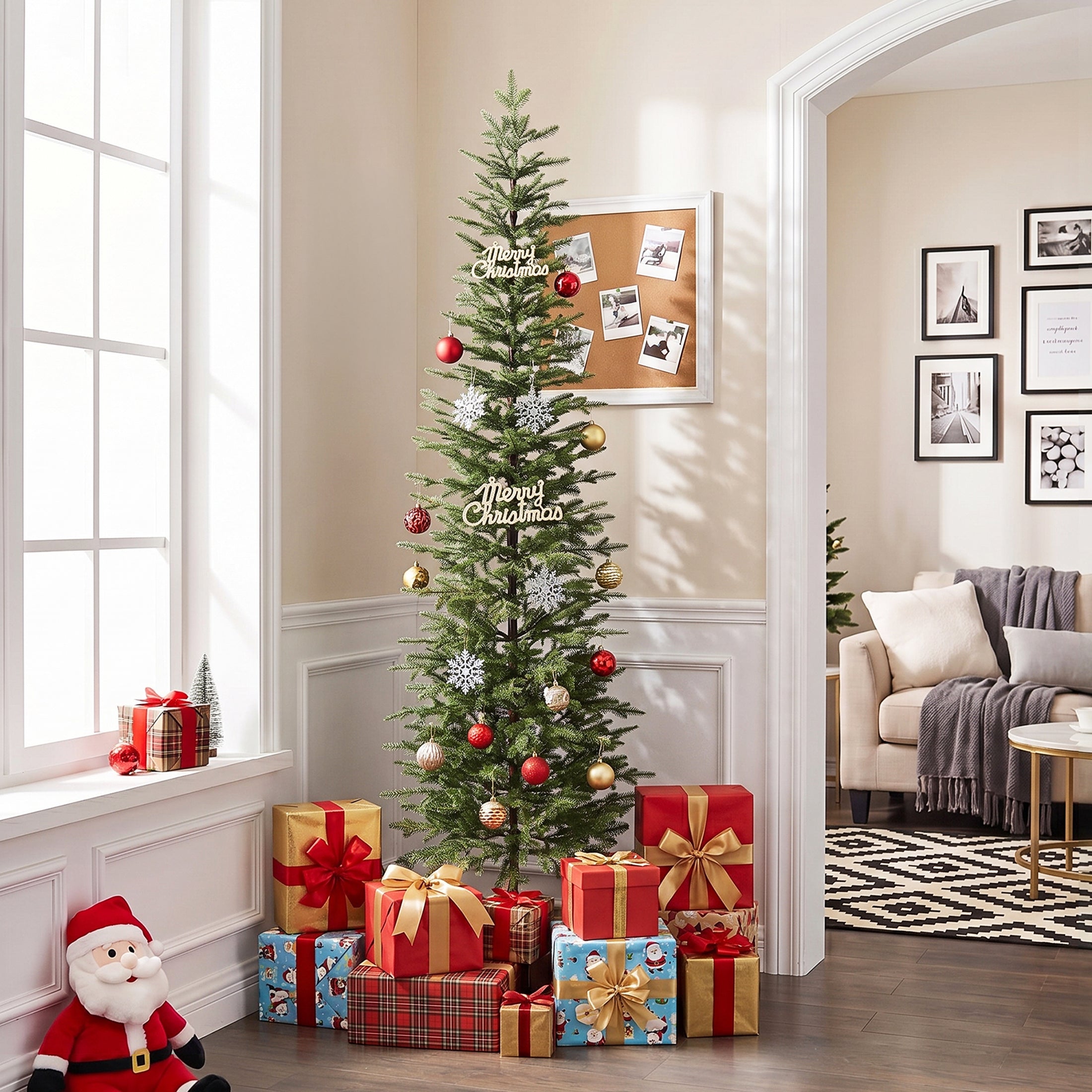 VeriNatural 5/6/7FT Pencil Christmas Tree, Slim Artificial Christmas Tree with Realistic PE Branch Tips, Available Pre-Lit or Unlit, Metal Stand, Indoor Holiday Decoration for Apartment, Entryway, Corner & Office