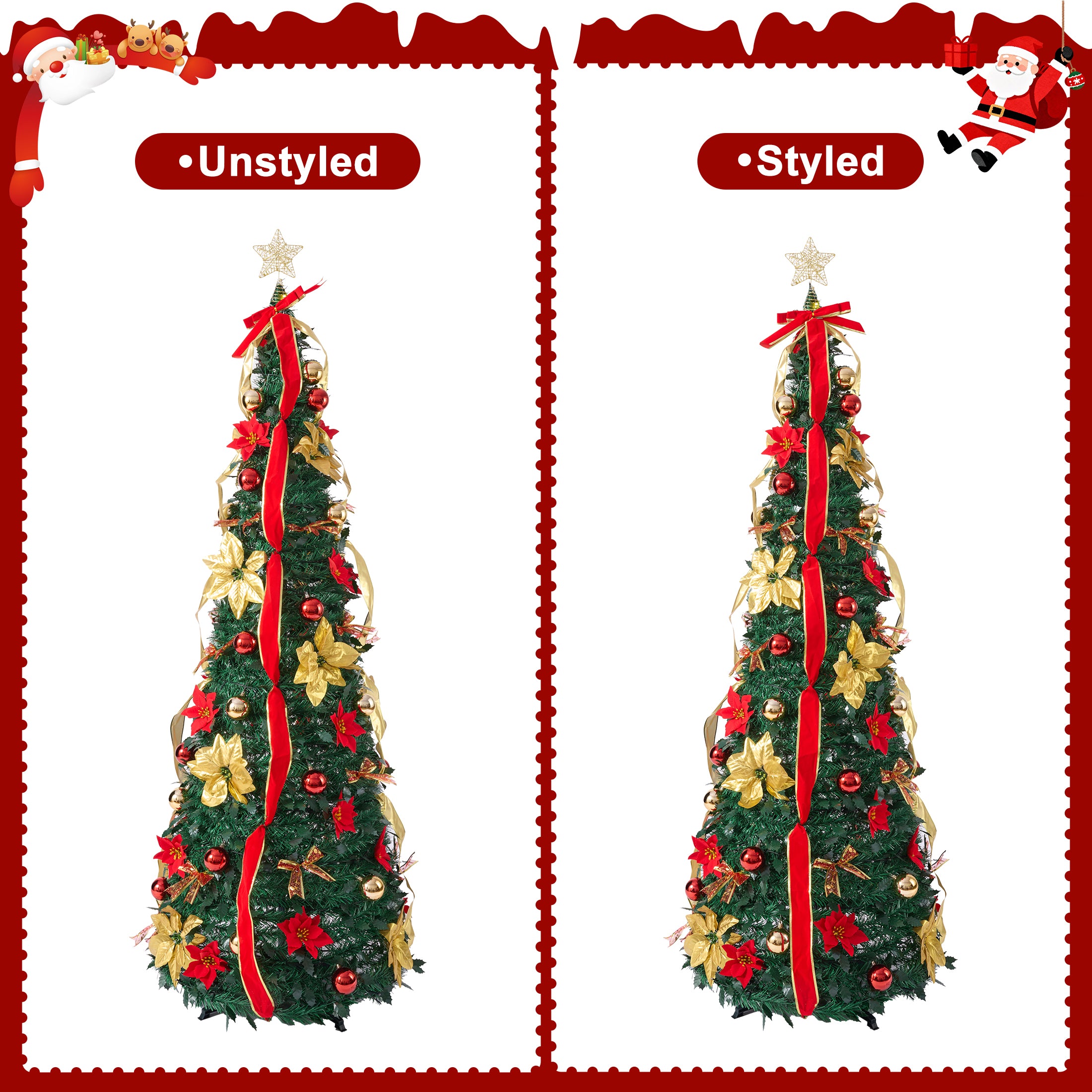 VeriNatural 6FT Pop Up Christmas Tree with Red Ribbon & LED Lights, Pre-Decorated Collapsible Artificial Xmas Tree, Easy Setup Holiday Decor