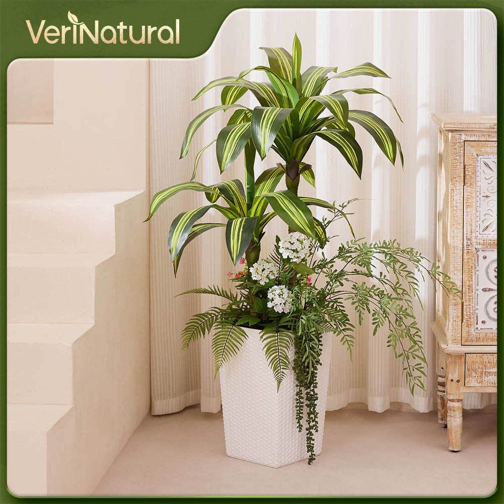 VeriNatural 4FT Mixed Fern and Dracaena Artificial Plants with Black Taper Planter for Indoor & Outdoor (1/2-Pack)（VN151）